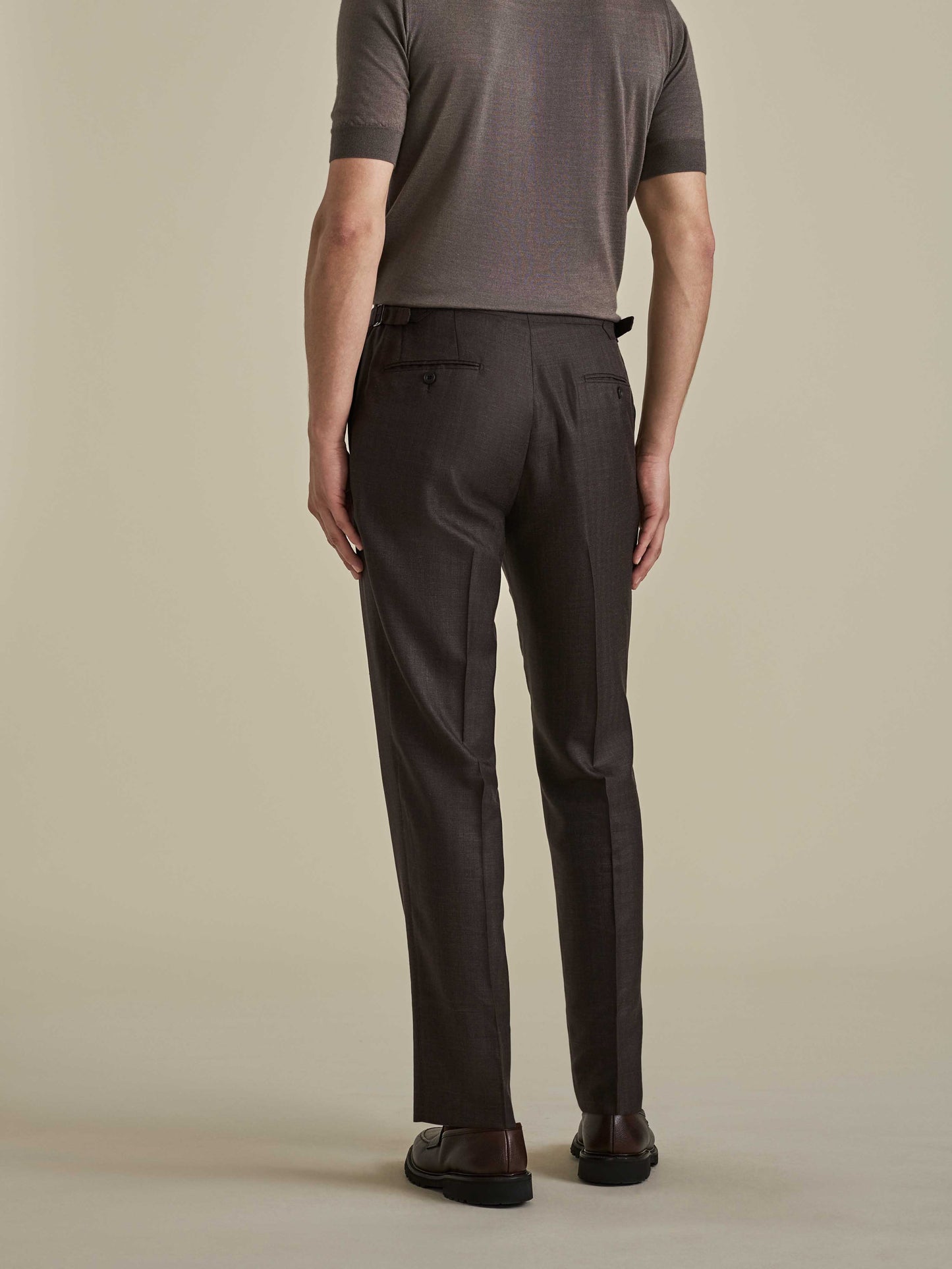 Wool Flat Front Tailored Trousers Brown Model Back Image