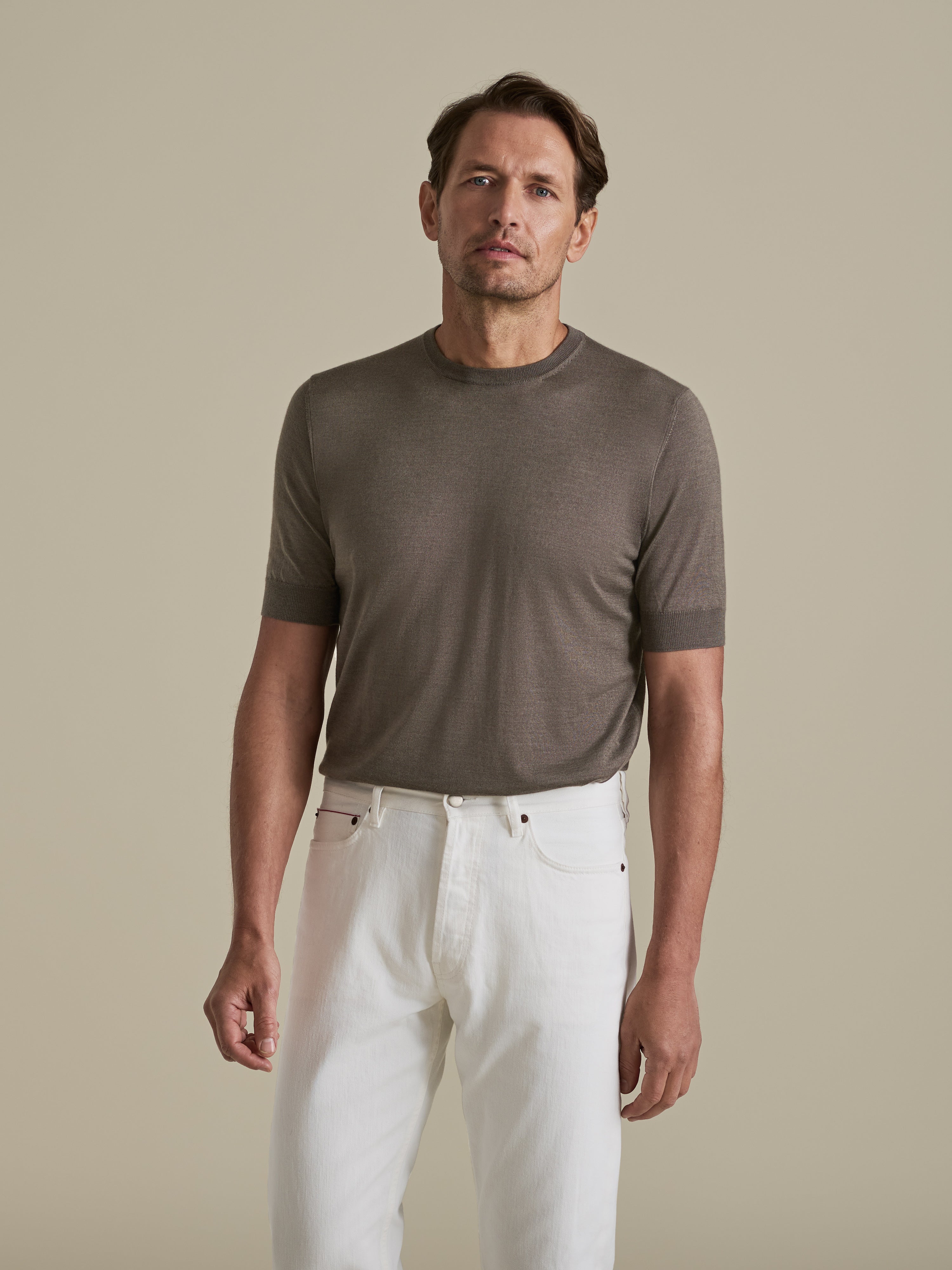 Cashmere Silk Ribbed T-Shirt Brown Model Cropped Image