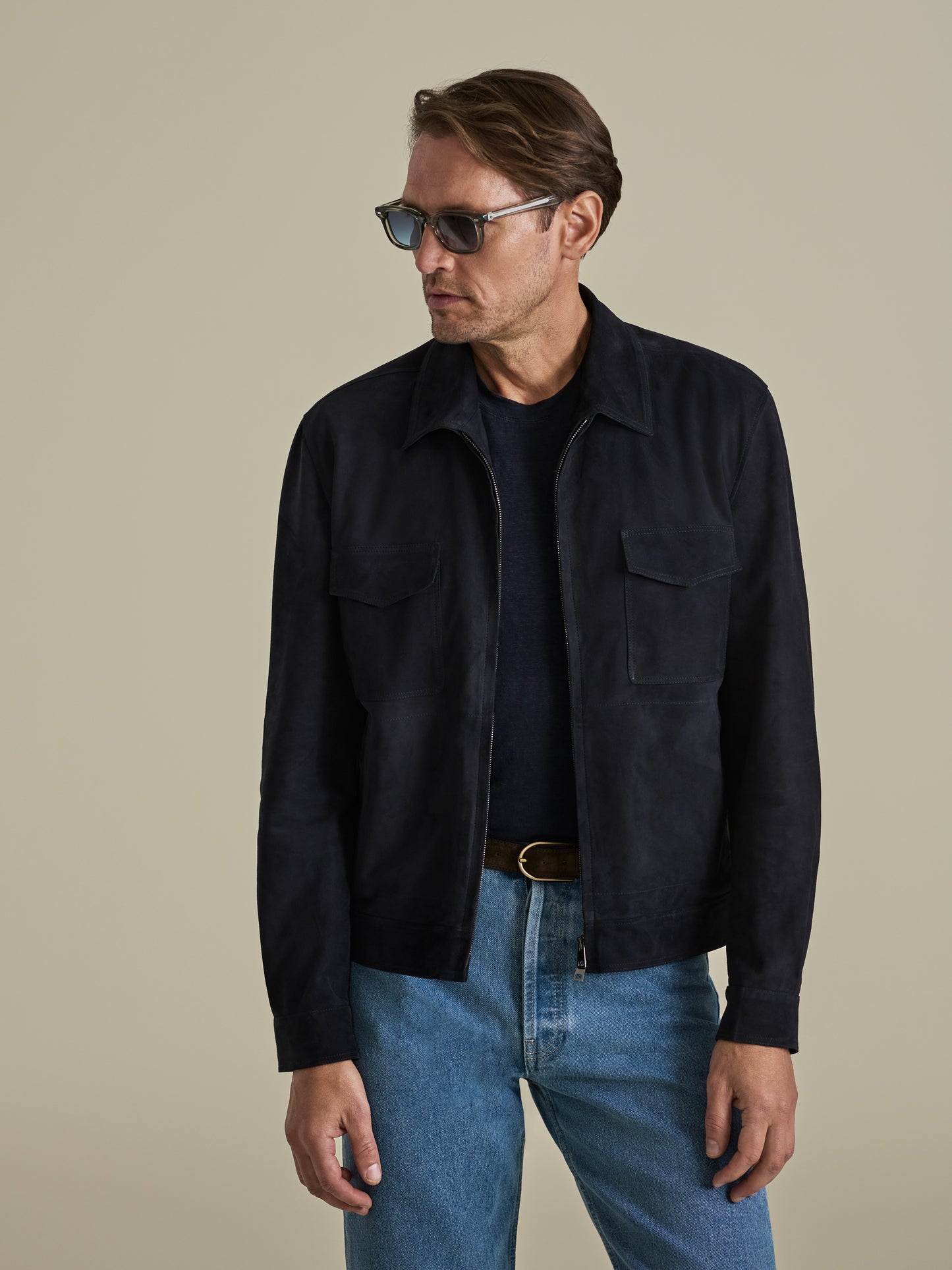 Suede Zip-Through Pocket Bomber Jacket Navy Model Cropped Image