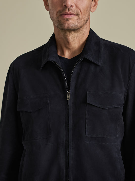 Suede Zip-Through Pocket Bomber Jacket Navy Model Collar Image