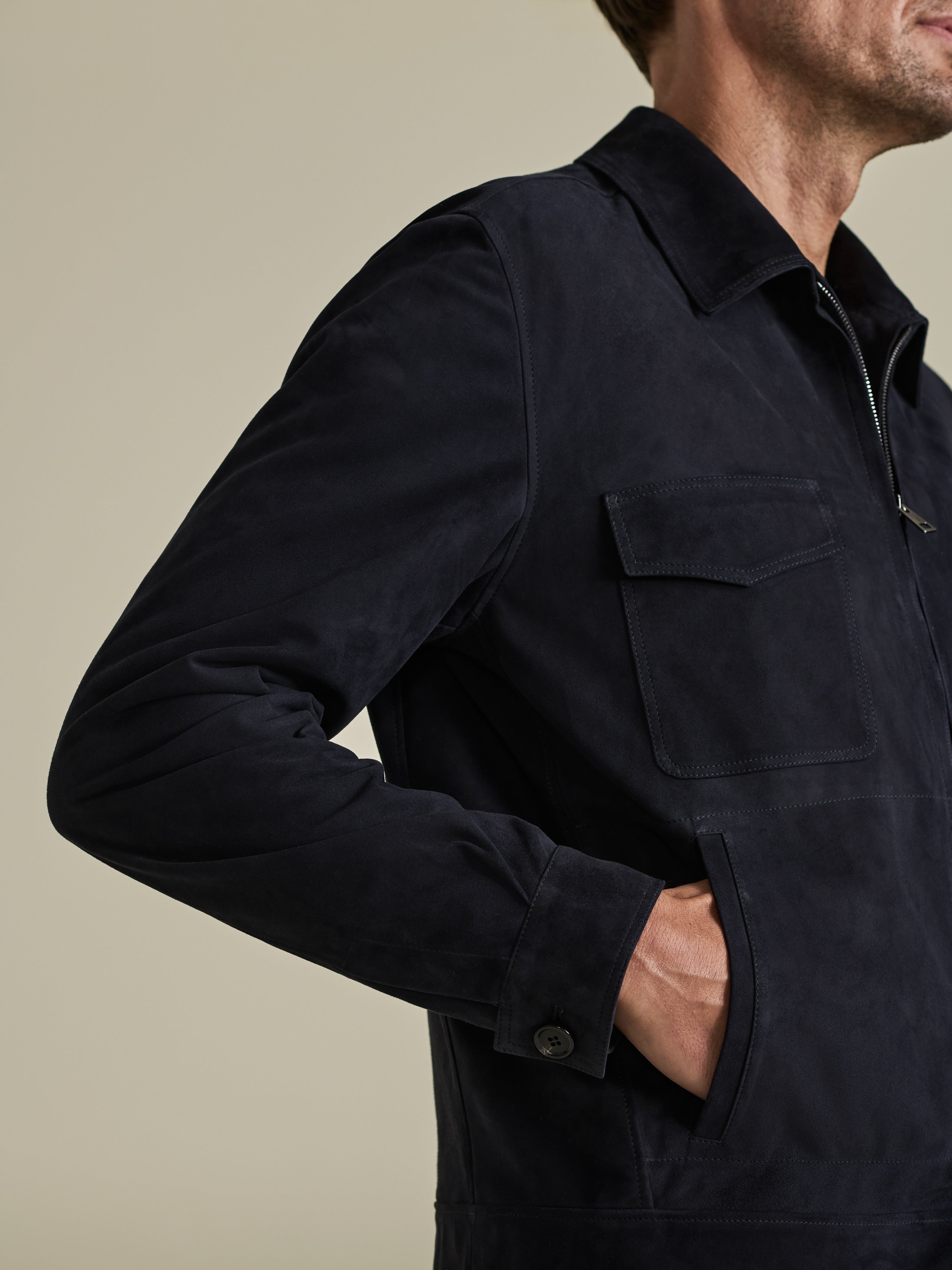 Suede Zip-Through Pocket Bomber Jacket Navy Model Pocket Image