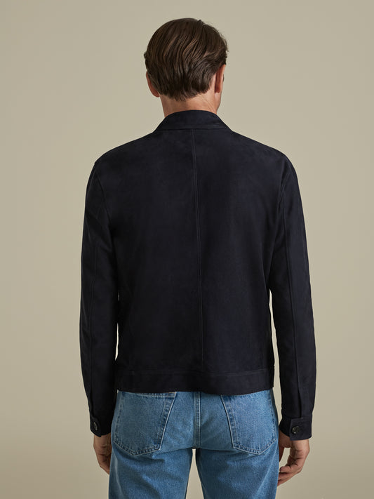 Suede Zip-Through Pocket Bomber Jacket Navy Model Back Image