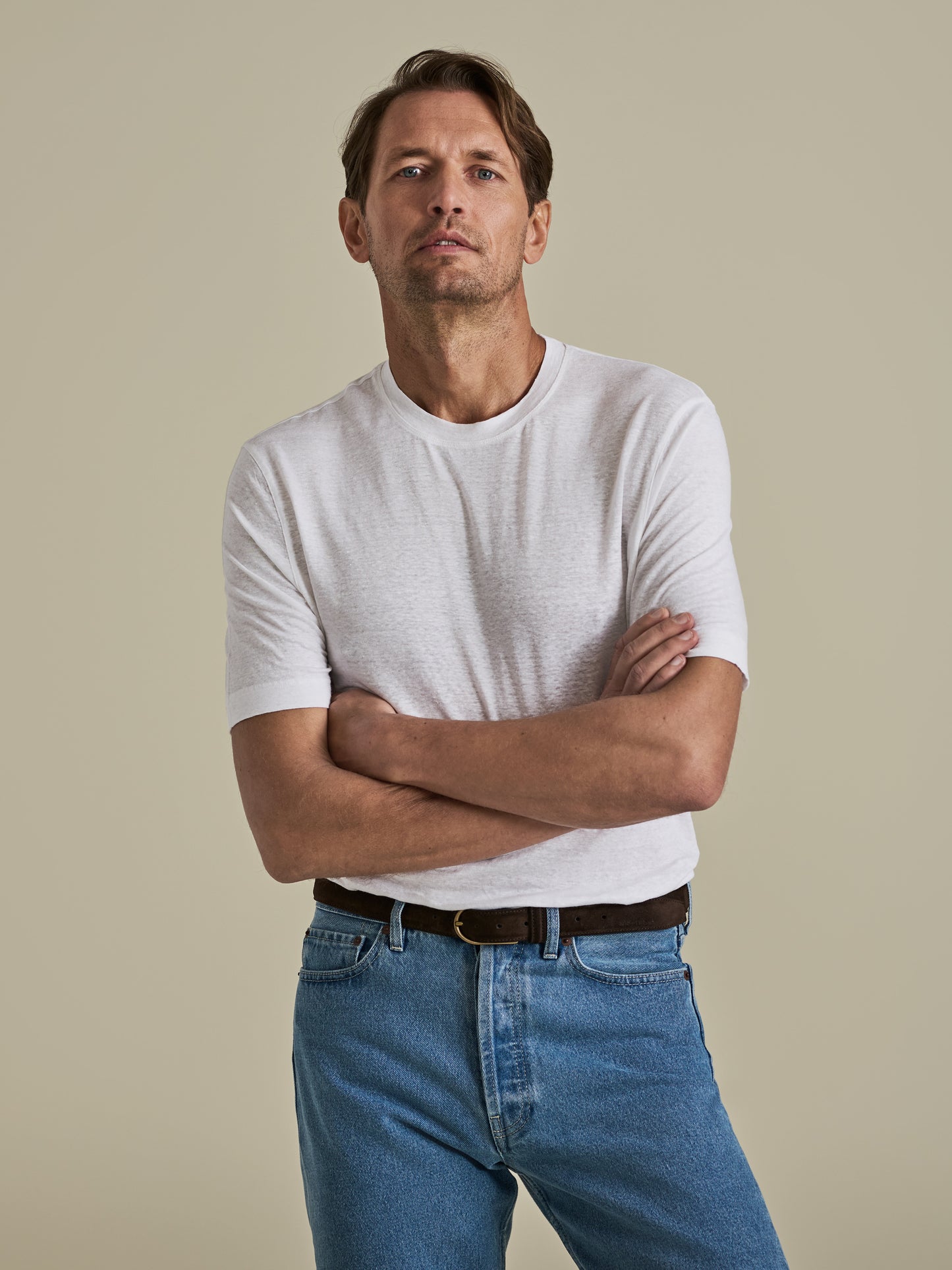 Linen Jersey T-Shirt White Model Cropped Image