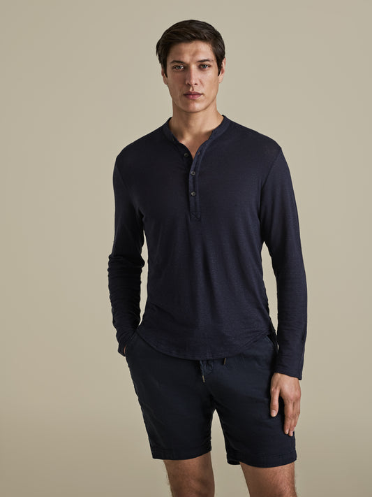 Linen Long Sleeve Henley T-Shirt Navy Model Cropped Image