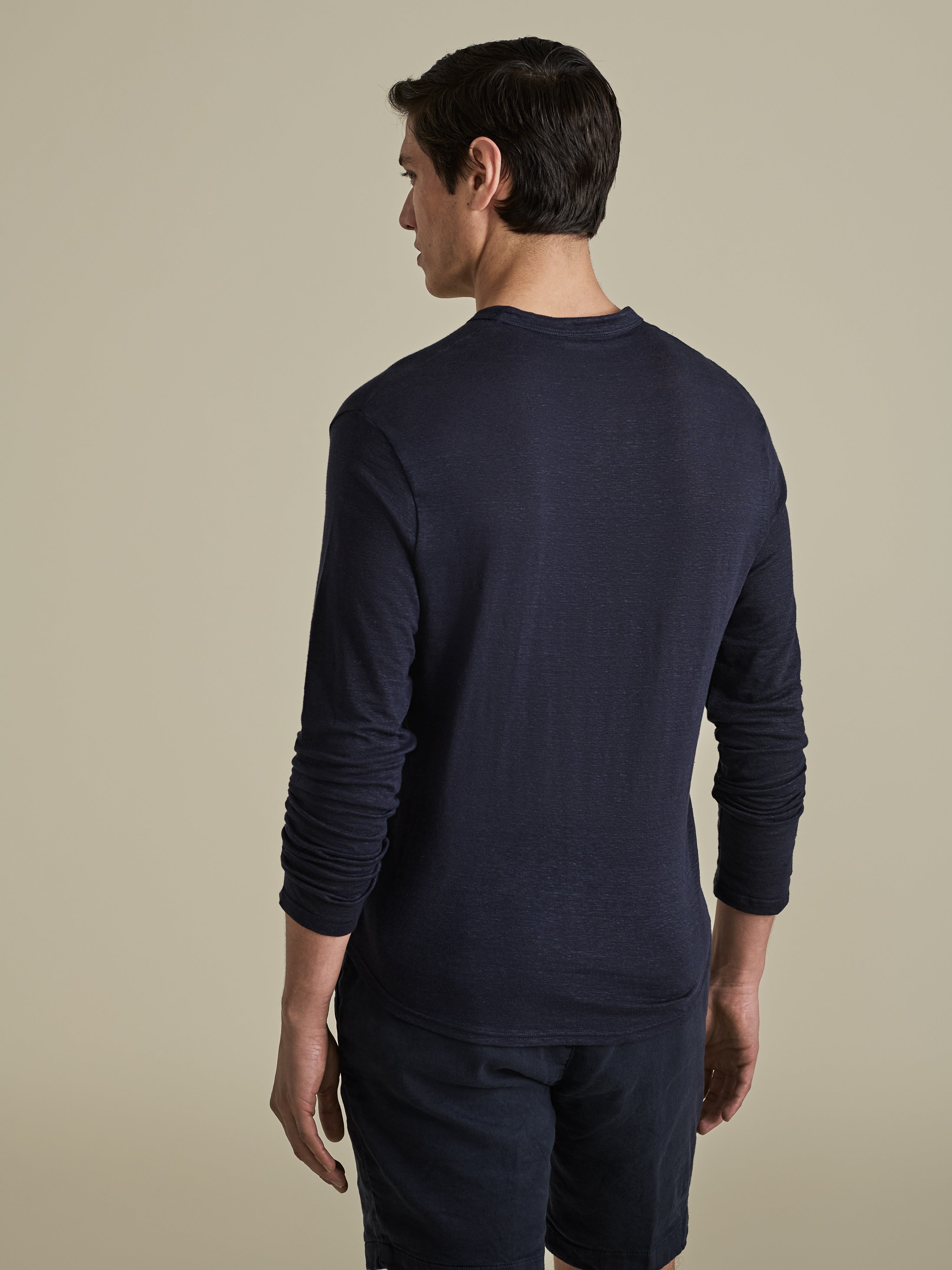 Linen Long Sleeve Henley T-Shirt Navy Model Back Image