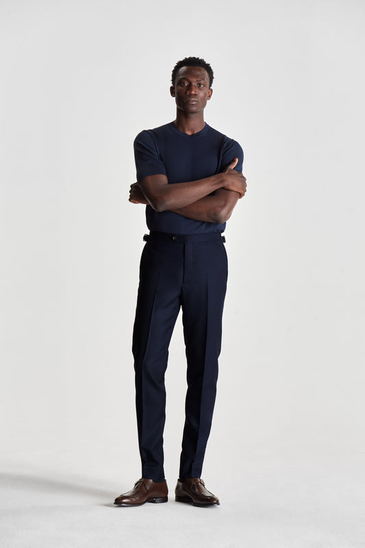 Flat Front Wool Hopsack Trousers Navy Full Length Model Image