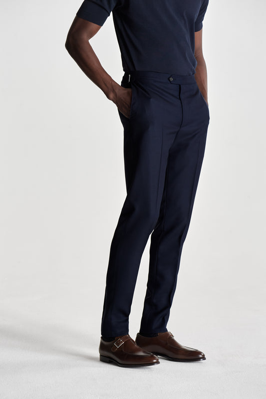 Flat Front Wool Hopsack Trousers Navy Crop Model Image