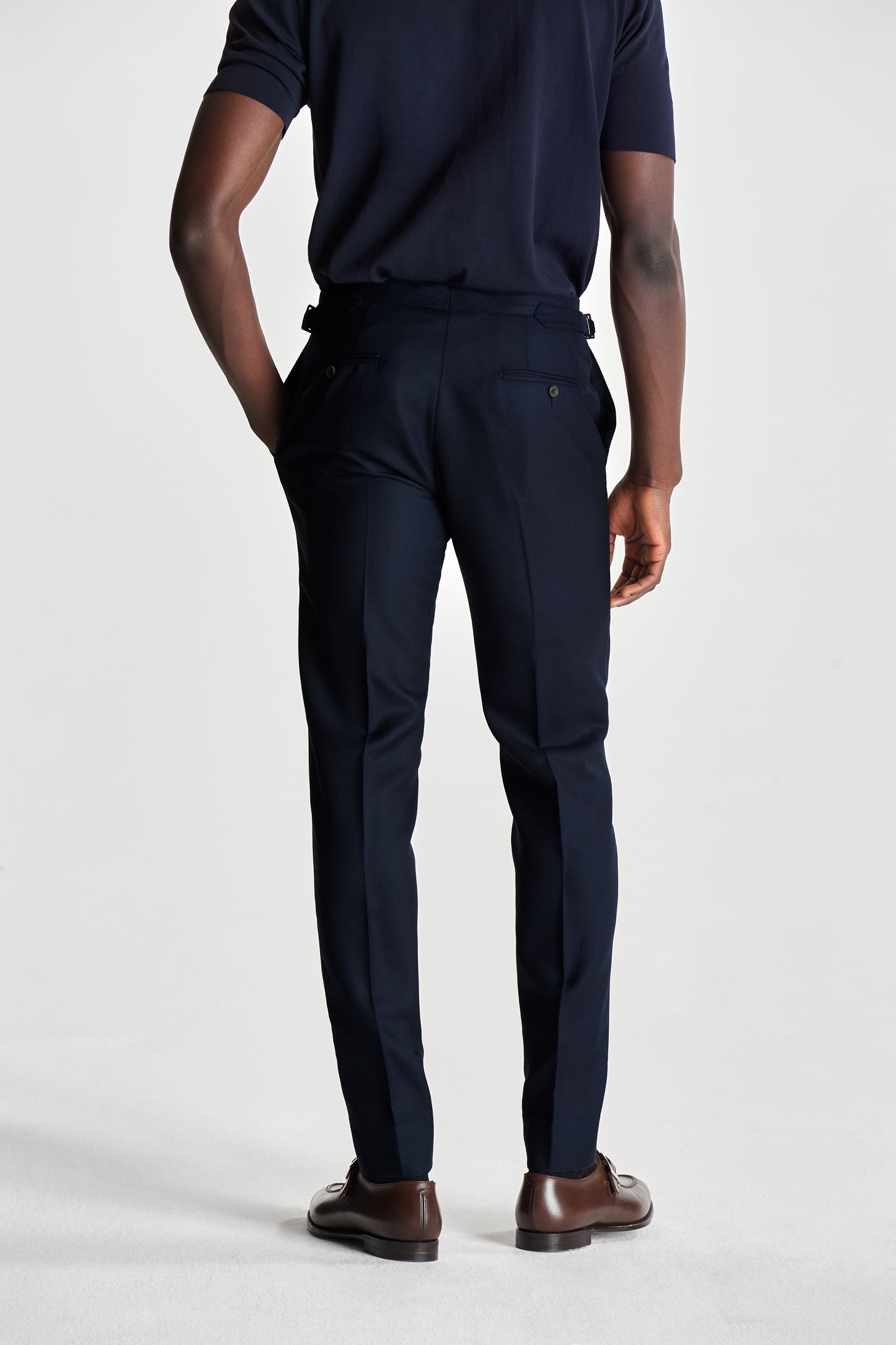 Flat Front Wool Hopsack Trousers Navy Crop Model Image