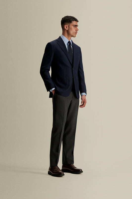 Single Breasted Wool Hopsack Jacket Navy Model Full Length