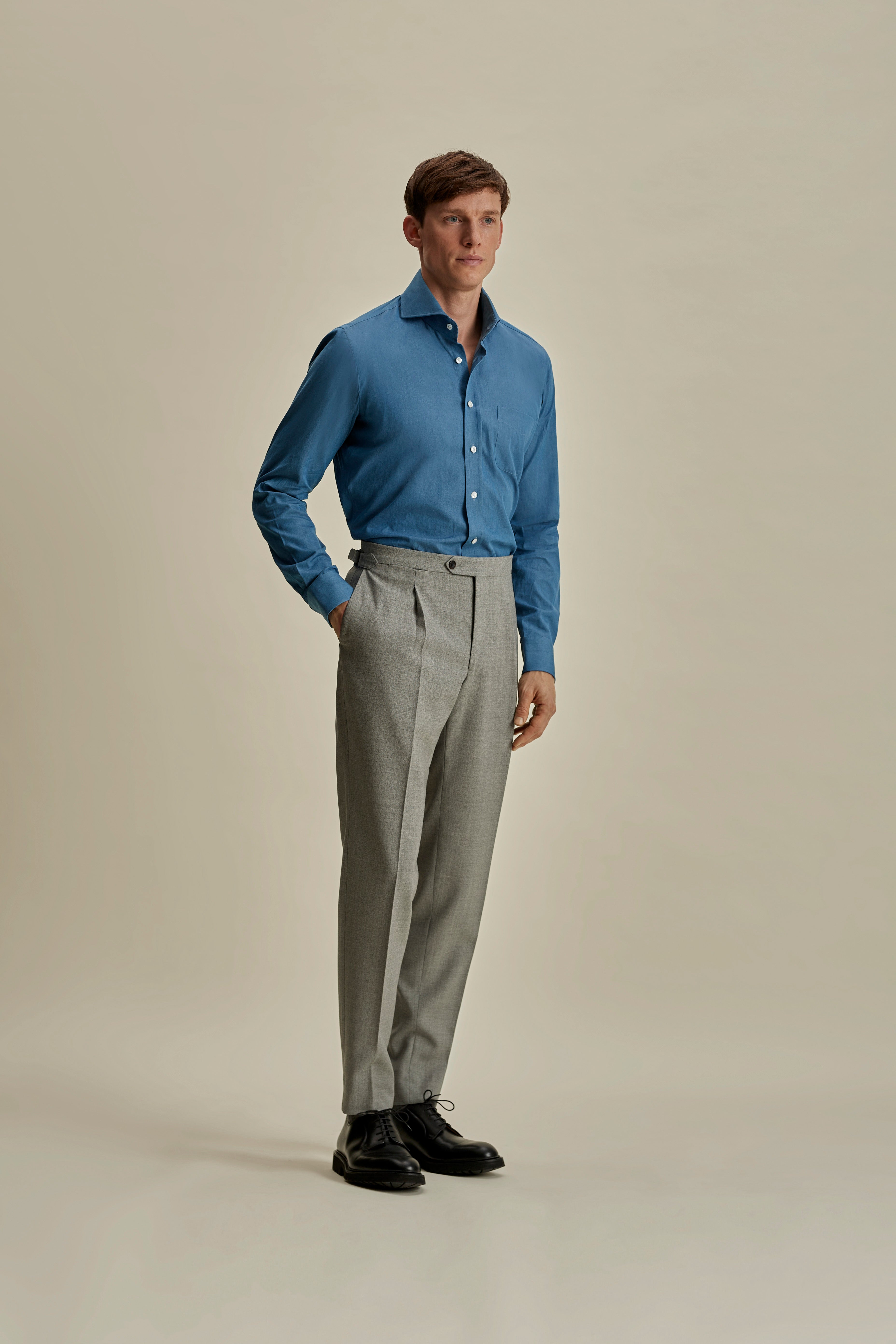 Cotton Chambray Cut Away Collar Shirt Full Length Model Image