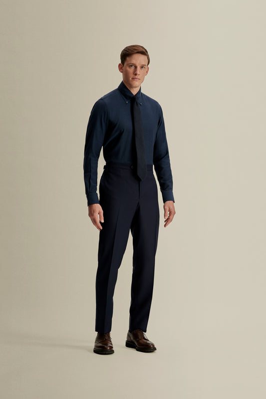 Flat Front Wool Hopsack Trousers Navy Full Length Model Image