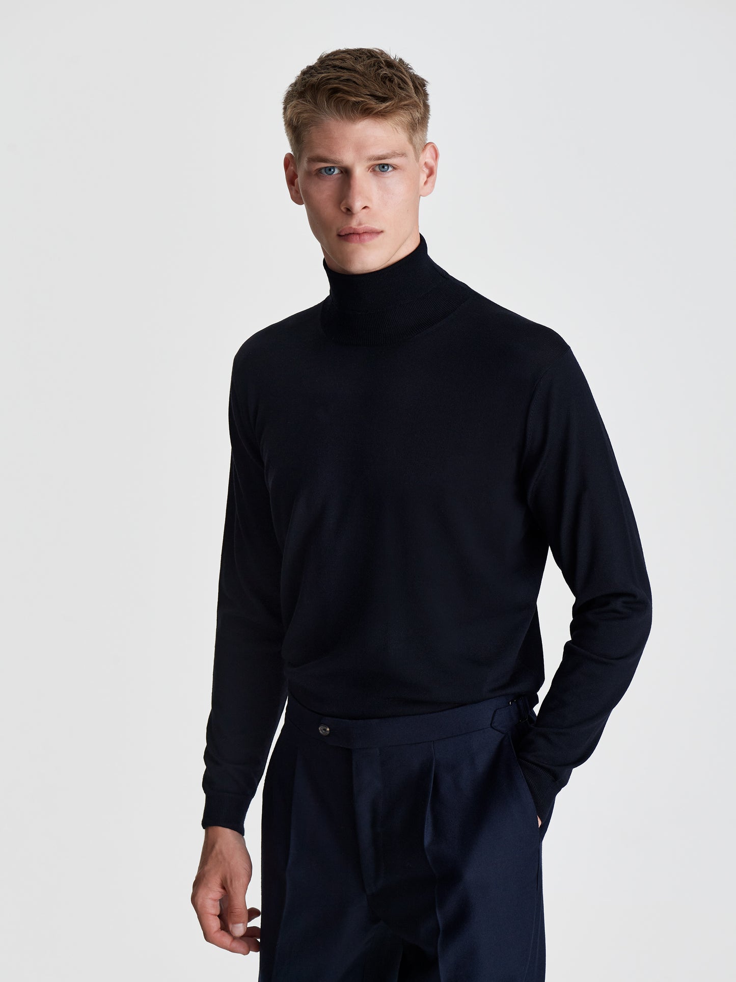 Merino Wool Extrafine Roll neck Sweater Navy Cropped Model Image