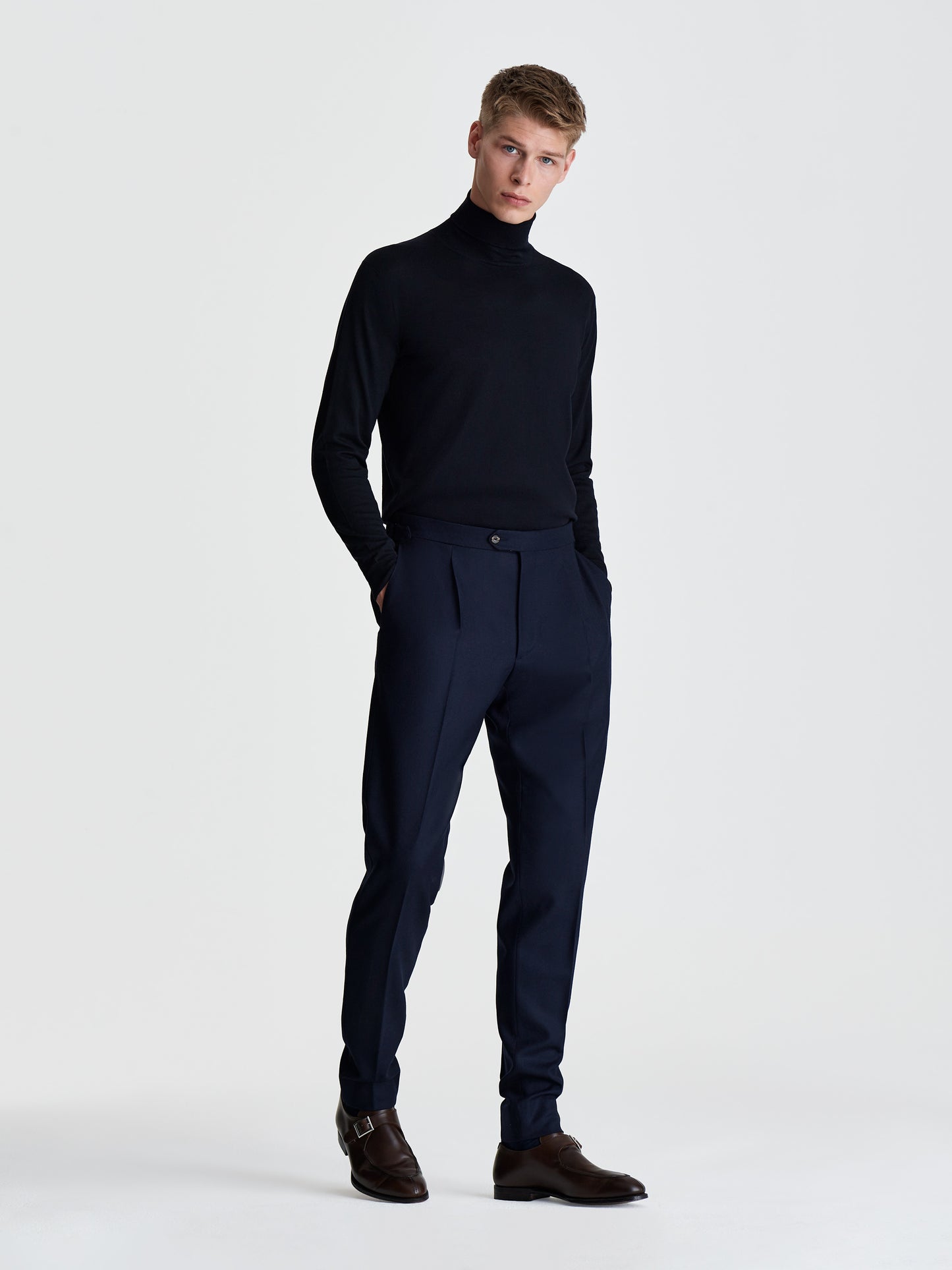 Merino Wool Extrafine Roll neck Sweater Navy Full Length Model Image
