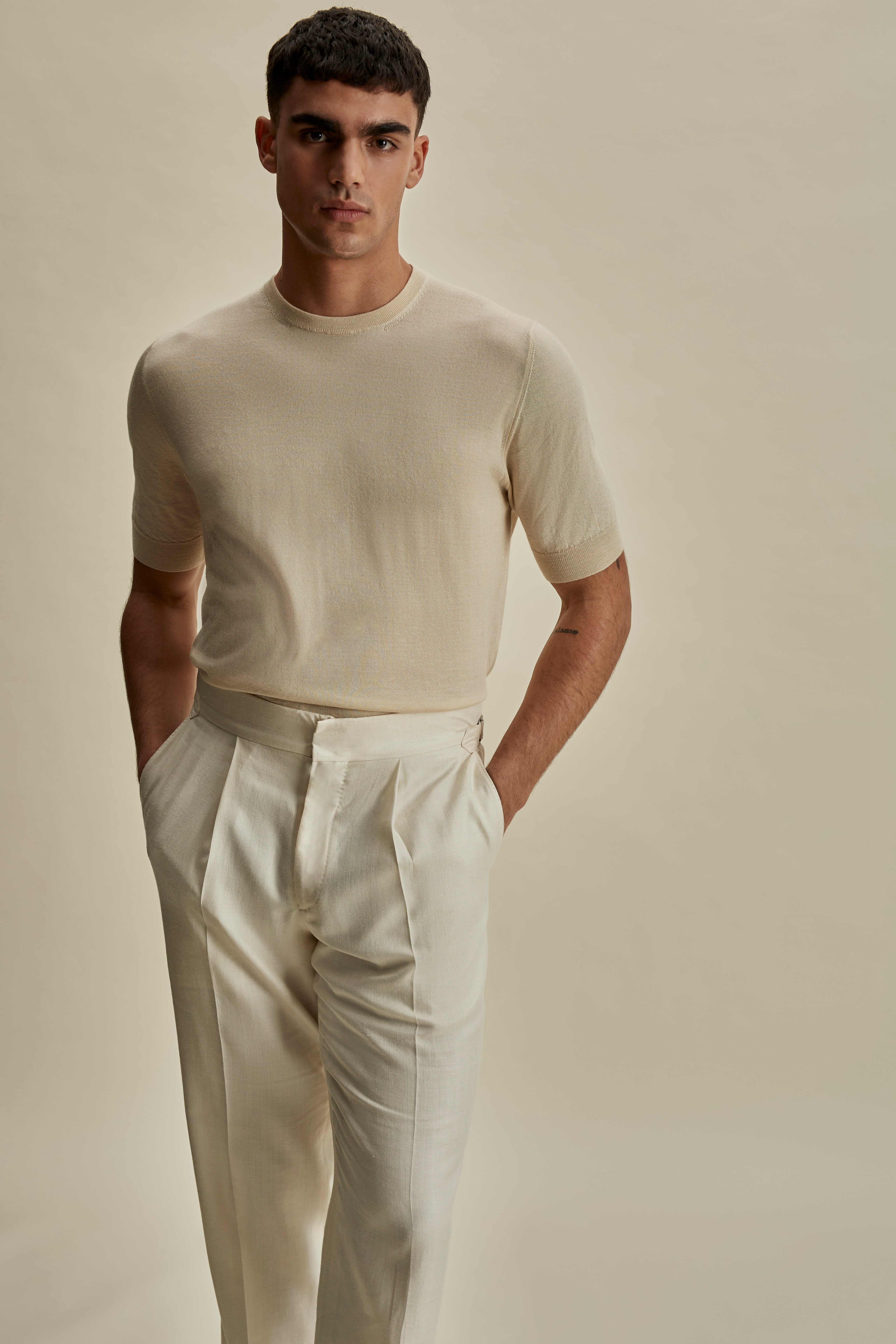 Cashmere Silk T-Shirt Oat Mid Crop Model Image