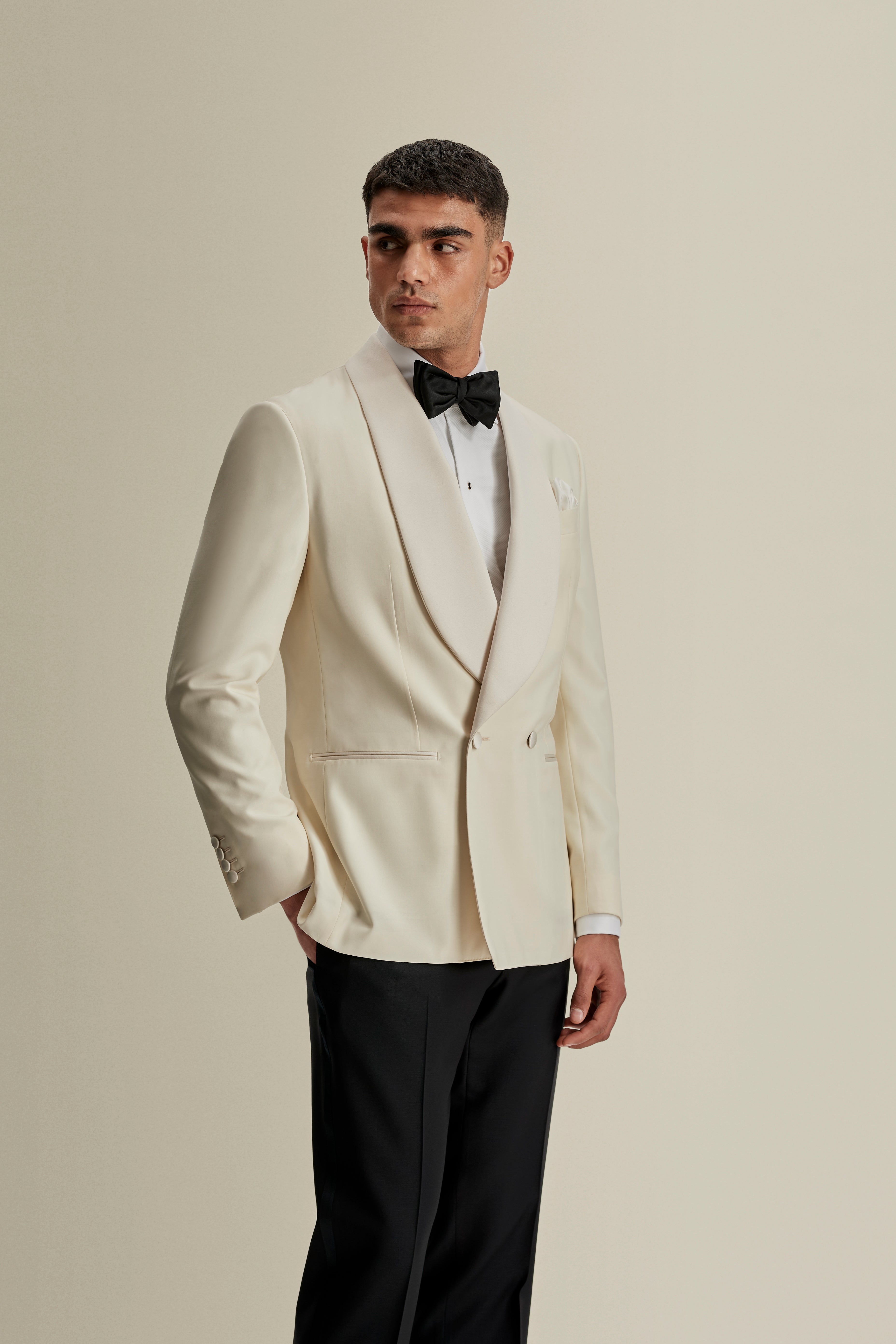 Wool Double Breasted Shawl Lapel Dinner Jacket White Model Cropped