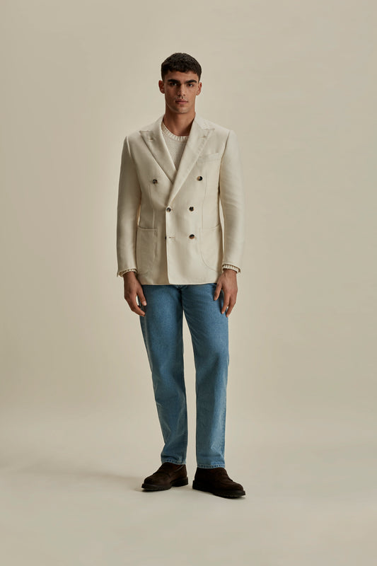 Cashmere Silk Double Breasted Peak Lapel Jacket  Off White Full Length Model Image