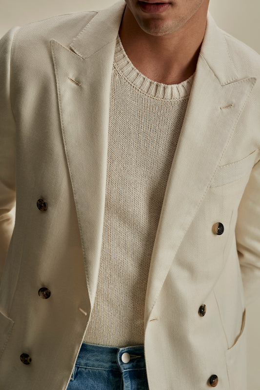 Cashmere Silk Double Breasted Peak Lapel Jacket  Off White Detail Model Image
