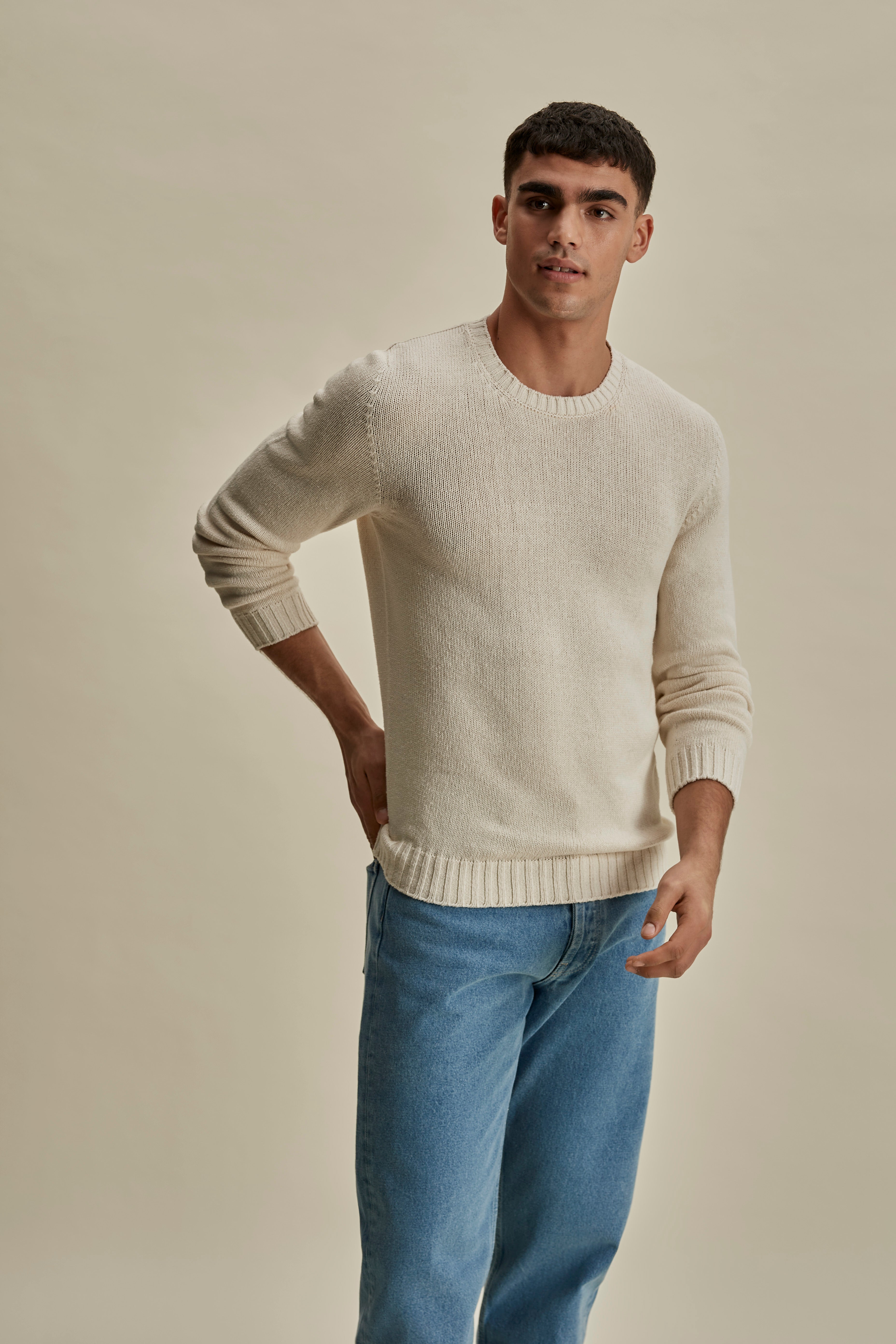 Bourette Silk Wide Gauge Crew Neck Sweater Off White Mid Crop Model Image
