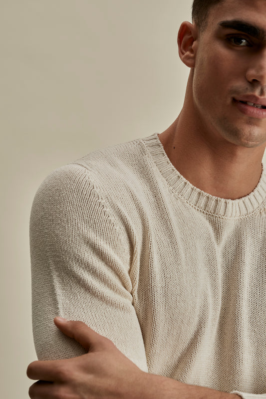 Bourette Silk Wide Gauge Crew Neck Sweater Off White Detail Model Image
