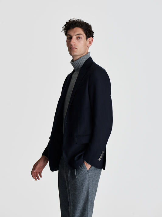 Wool Unstructured Single Breasted Jacket Navy Cropped Model Image