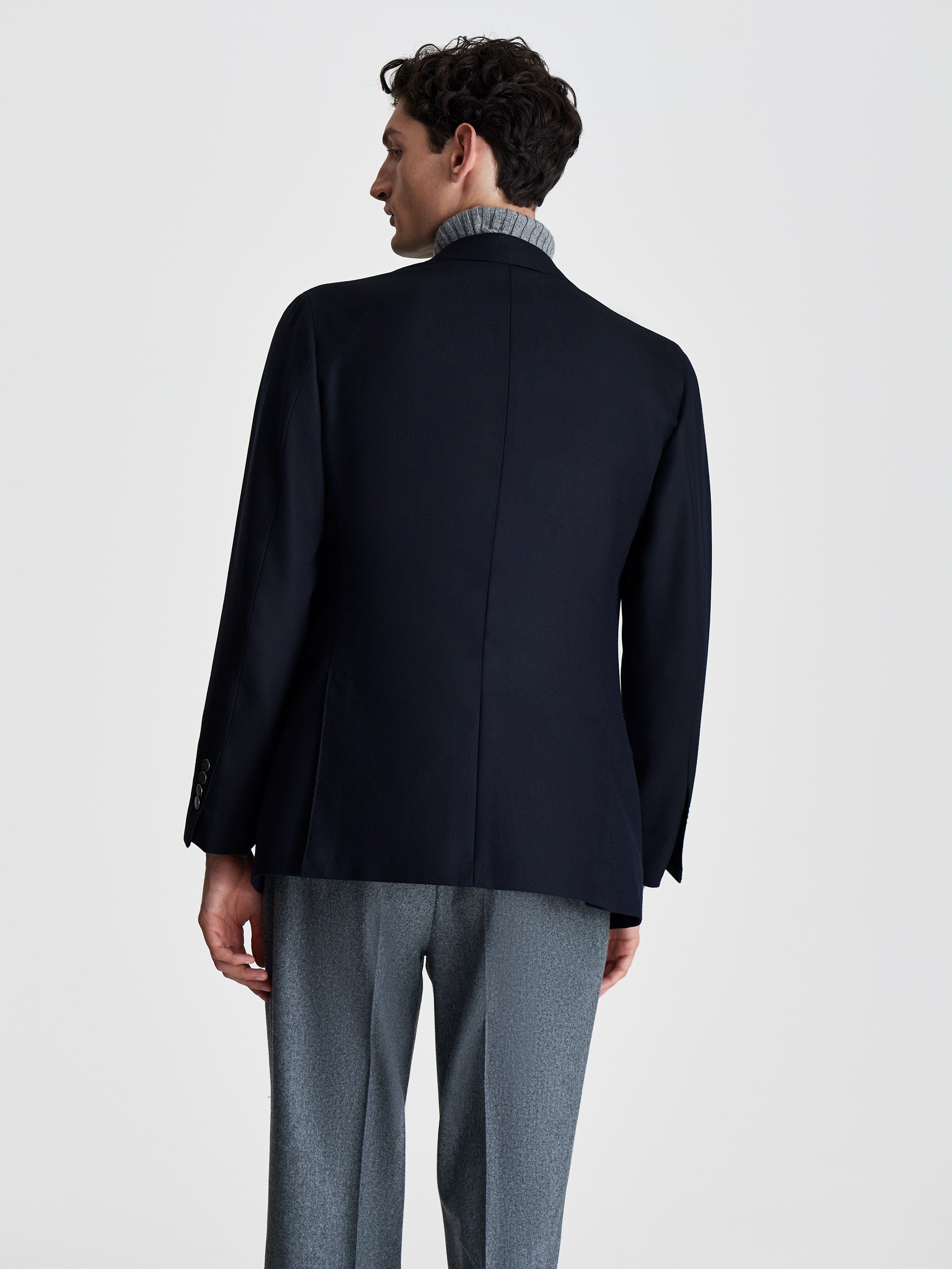 Wool Unstructured Single Breasted Jacket Navy Back Cropped Model Image
