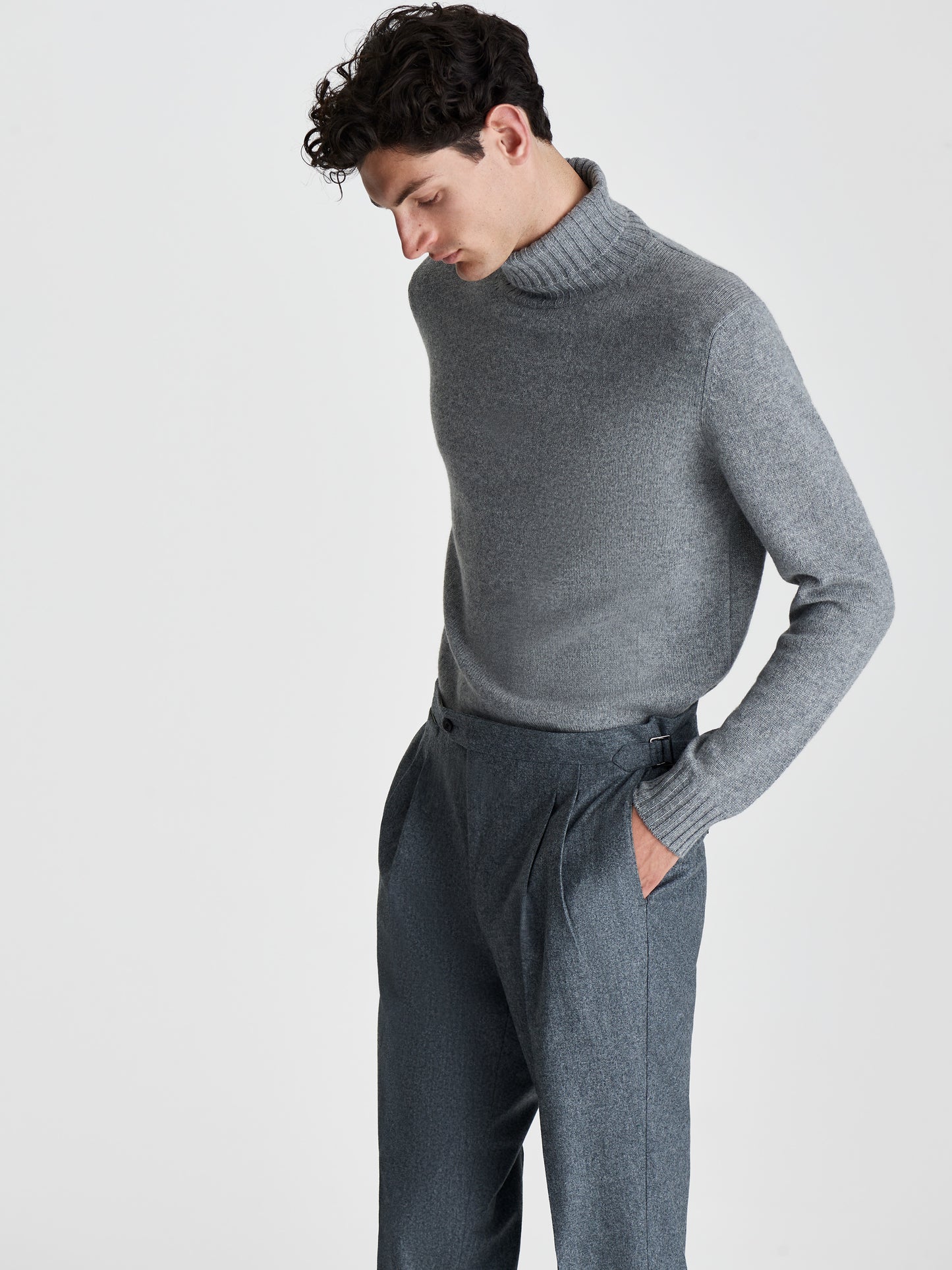 Cashmere Roll Neck Sweater Grey Mid Crop Model Image