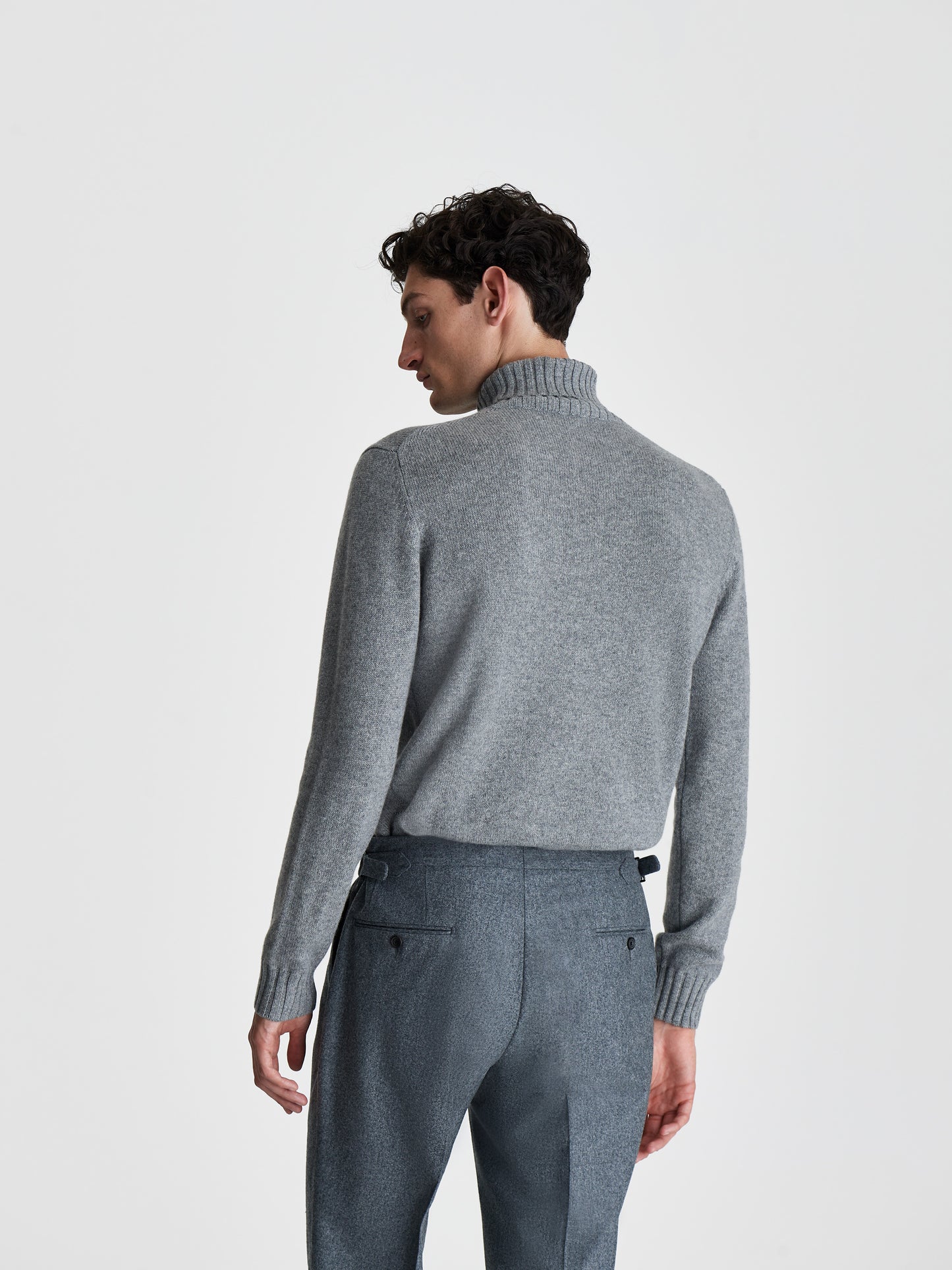 Cashmere Roll Neck Sweater Grey Back Mid Crop Model Image