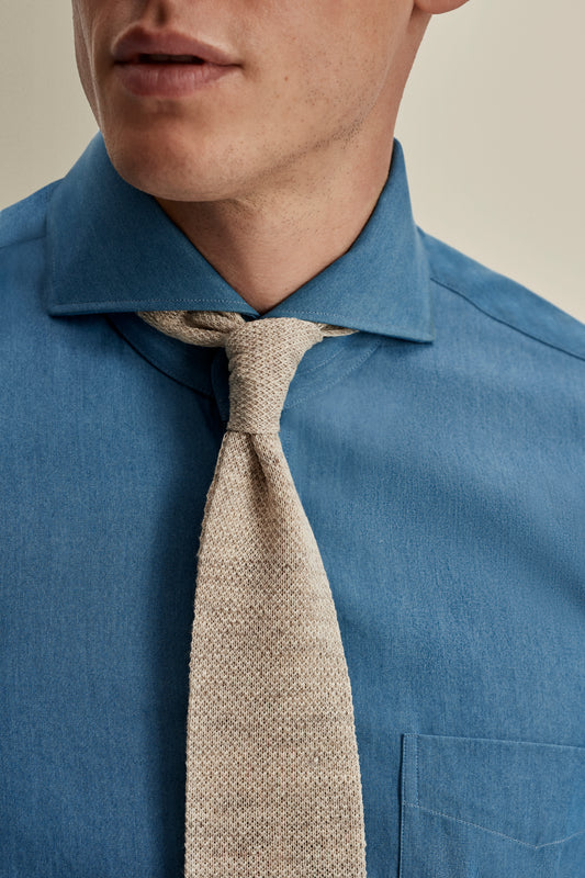 Cotton Chambray Cut Away Collar Shirt Detail Model Image