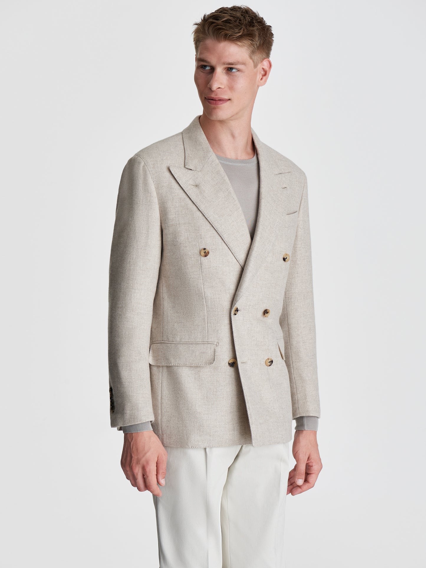 Cashmere Unstructured Double Breasted Jacket Oat Cropped Model Image