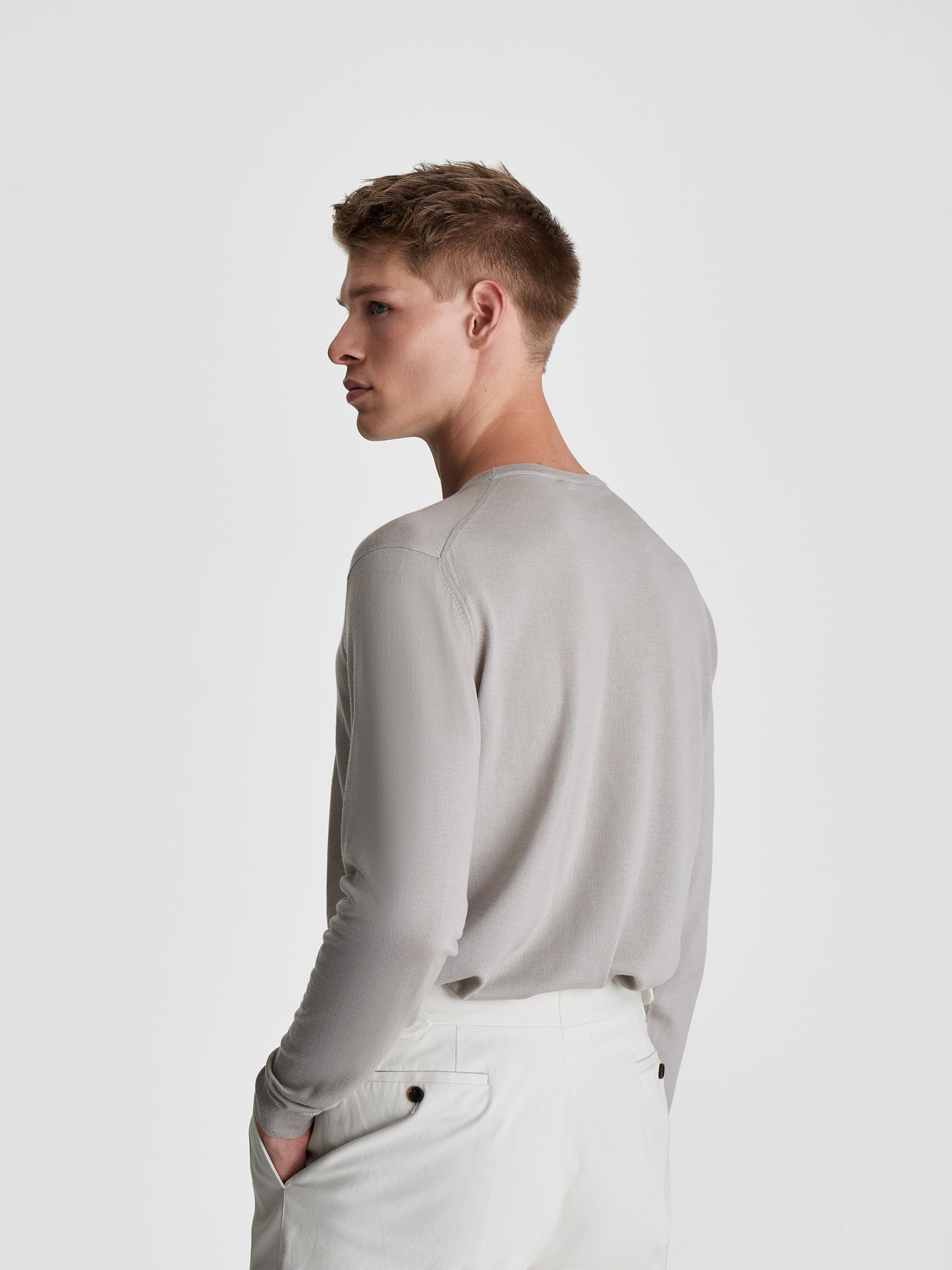 Merino Wool Extrafine Crew Neck Sweater Stone Cropped Model Image