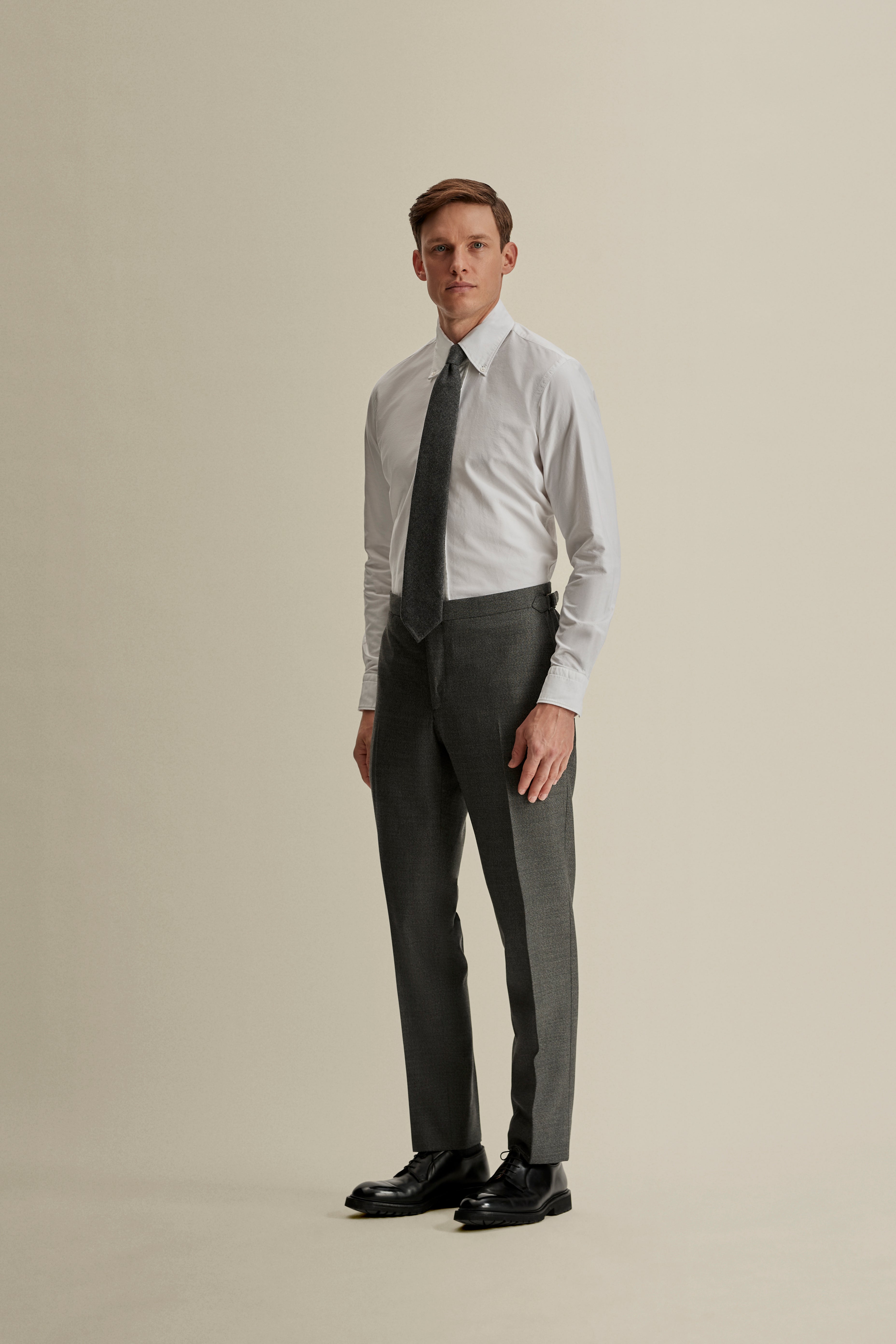 Single Breasted Wool Peak Lapel Suit Grey Model Full Length