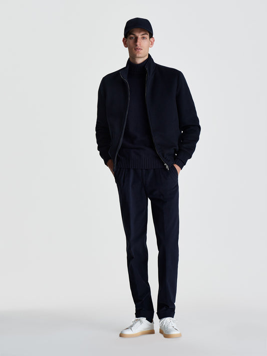 Wool Cashmere Zip-Through Bomber Jacket Navy Full Length Model Image