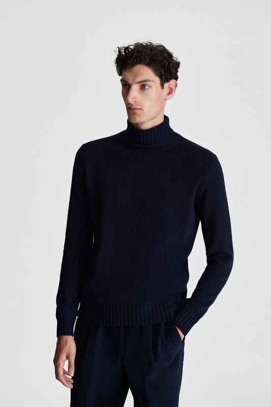 Cashmere Roll Neck Sweater Navy Cropped Model Image