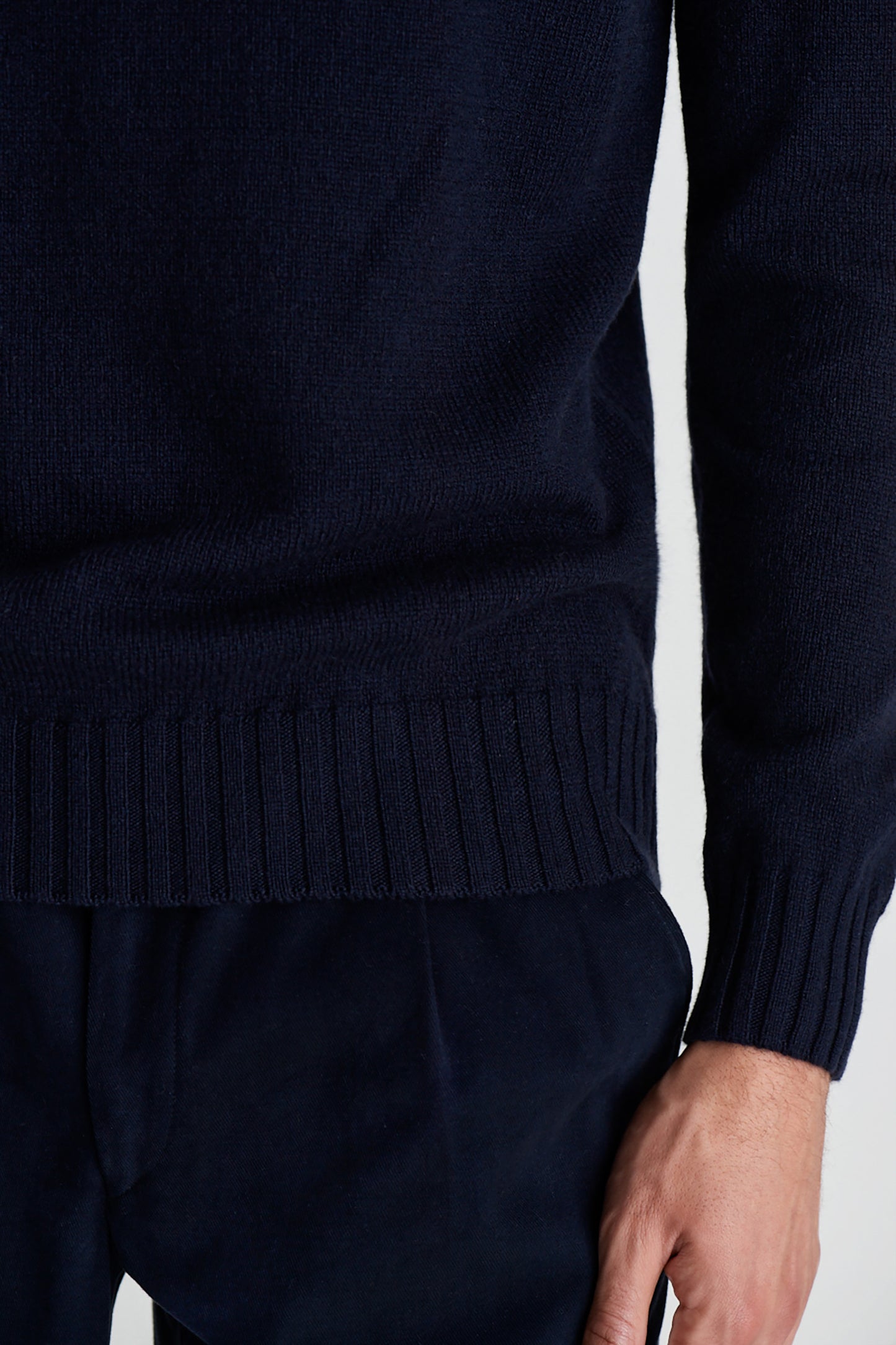 Cashmere Roll Neck Sweater Navy Detail Model Image