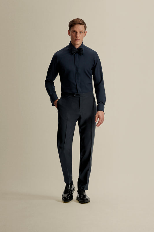 Wool Silk Dress Shirt Midnight Navy Model Full Length Image