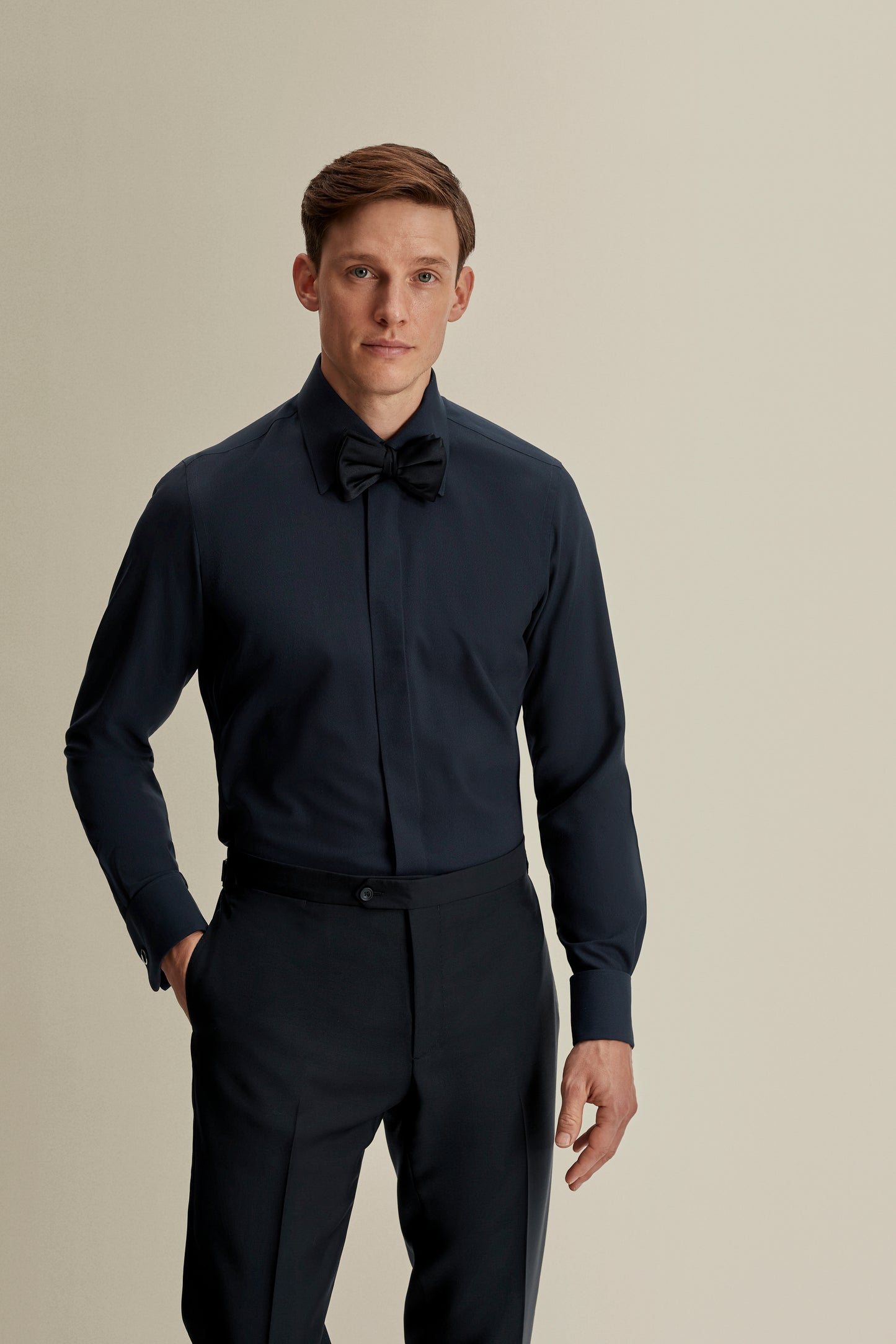 Wool Silk Dress Shirt Midnight Navy Model Front