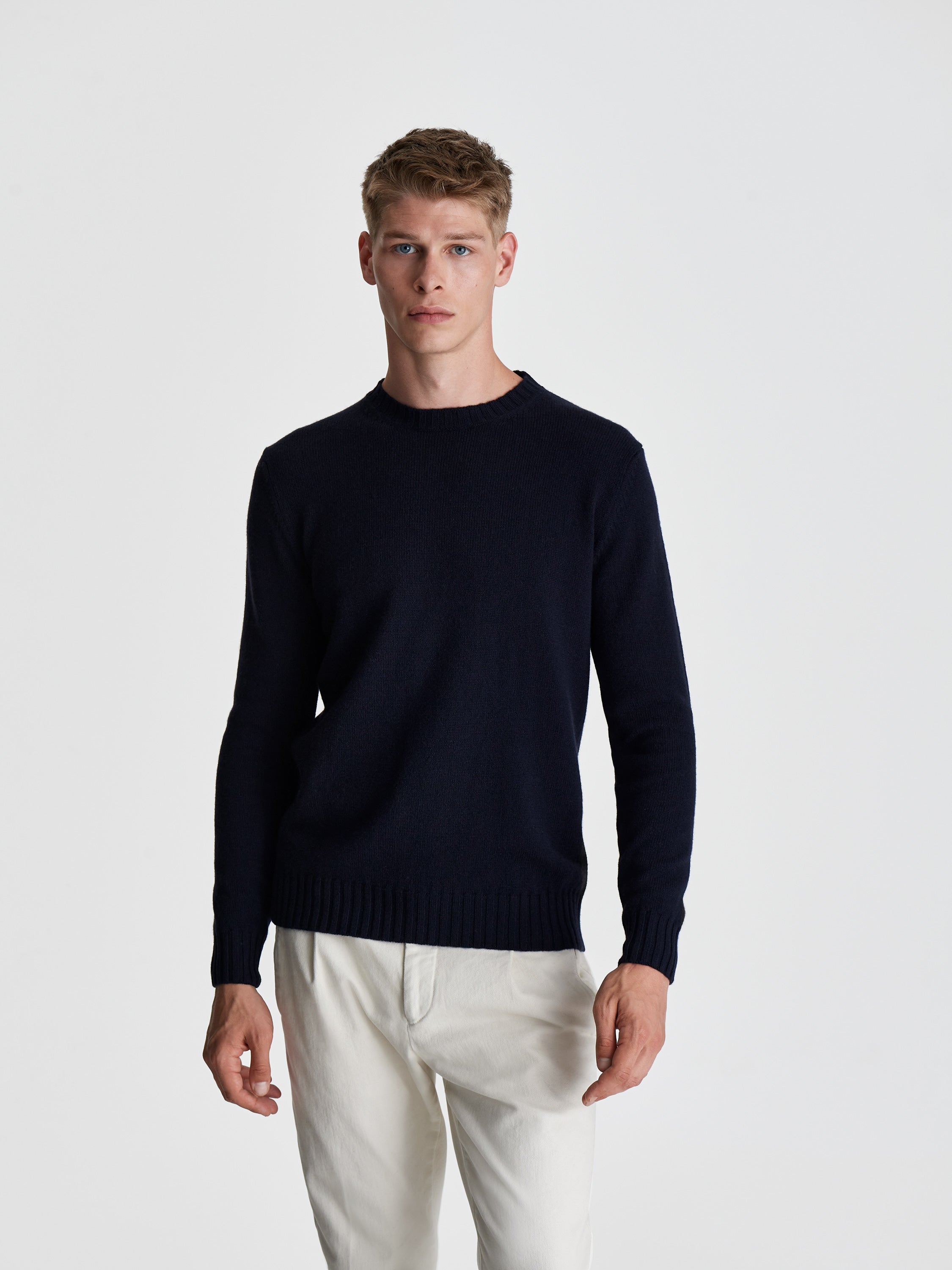 Cashmere Crew Neck Sweater Navy Cropped Model Image