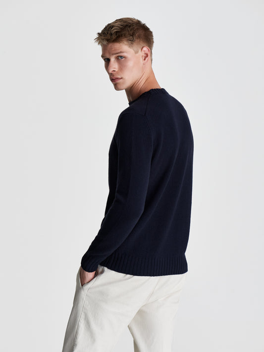 Cashmere Crew Neck Sweater Navy Back Cropped Model Image