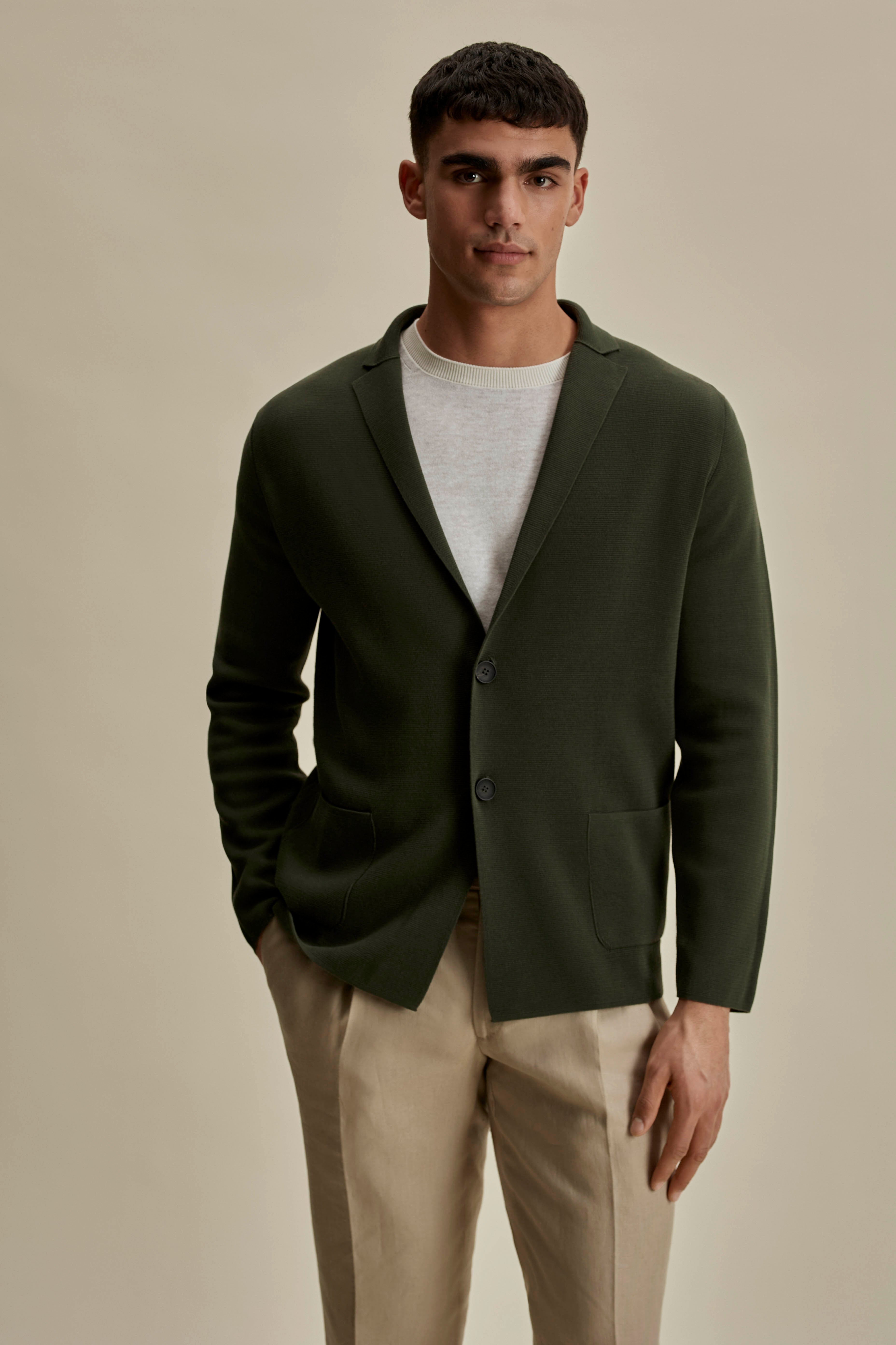 Crepe Cotton Single Breasted Knitted Blazer Military Green Mid Crop Model Image