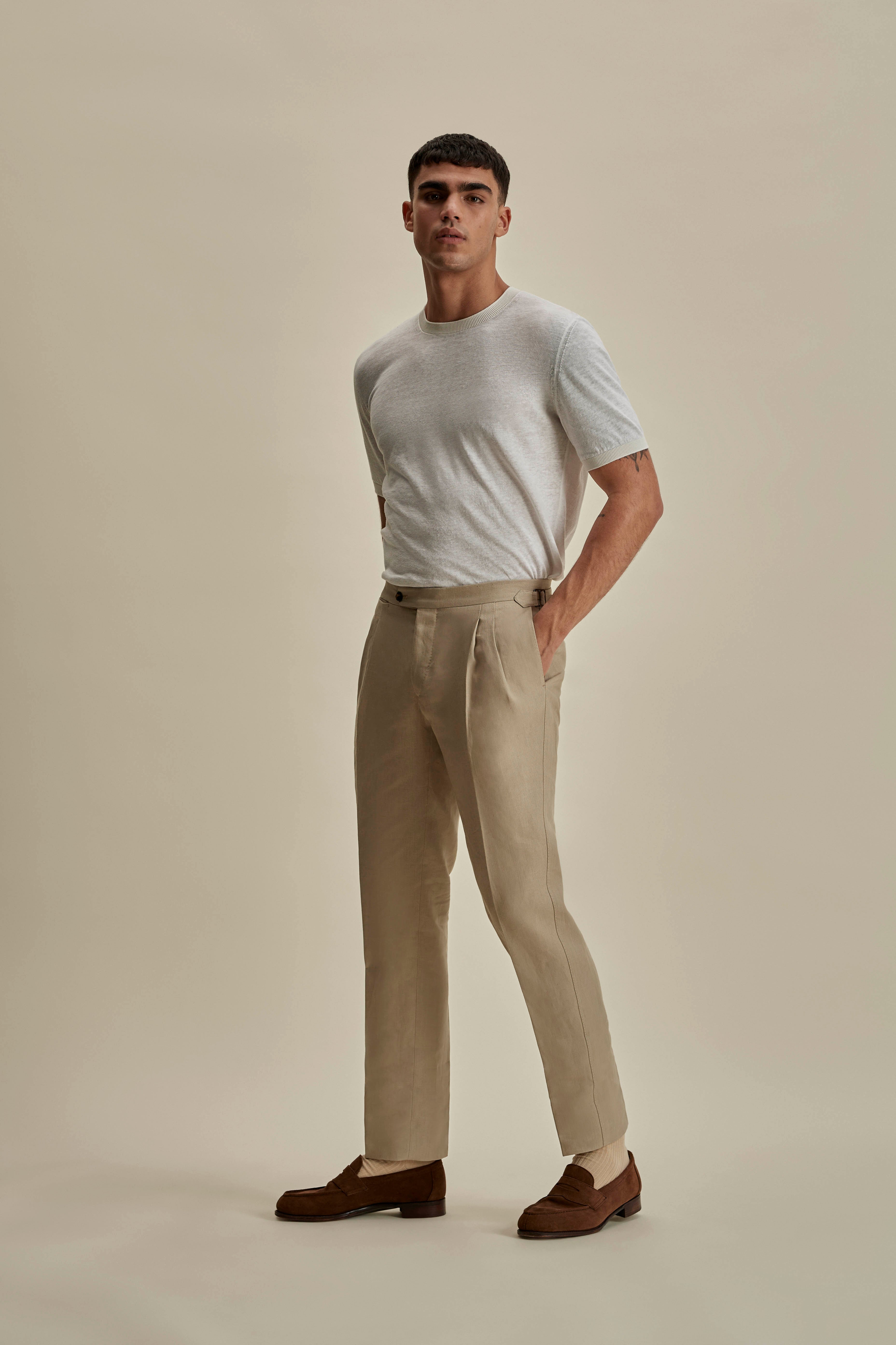 Linen Double Pleat Tailored Trousers Beige Full Length Model Image