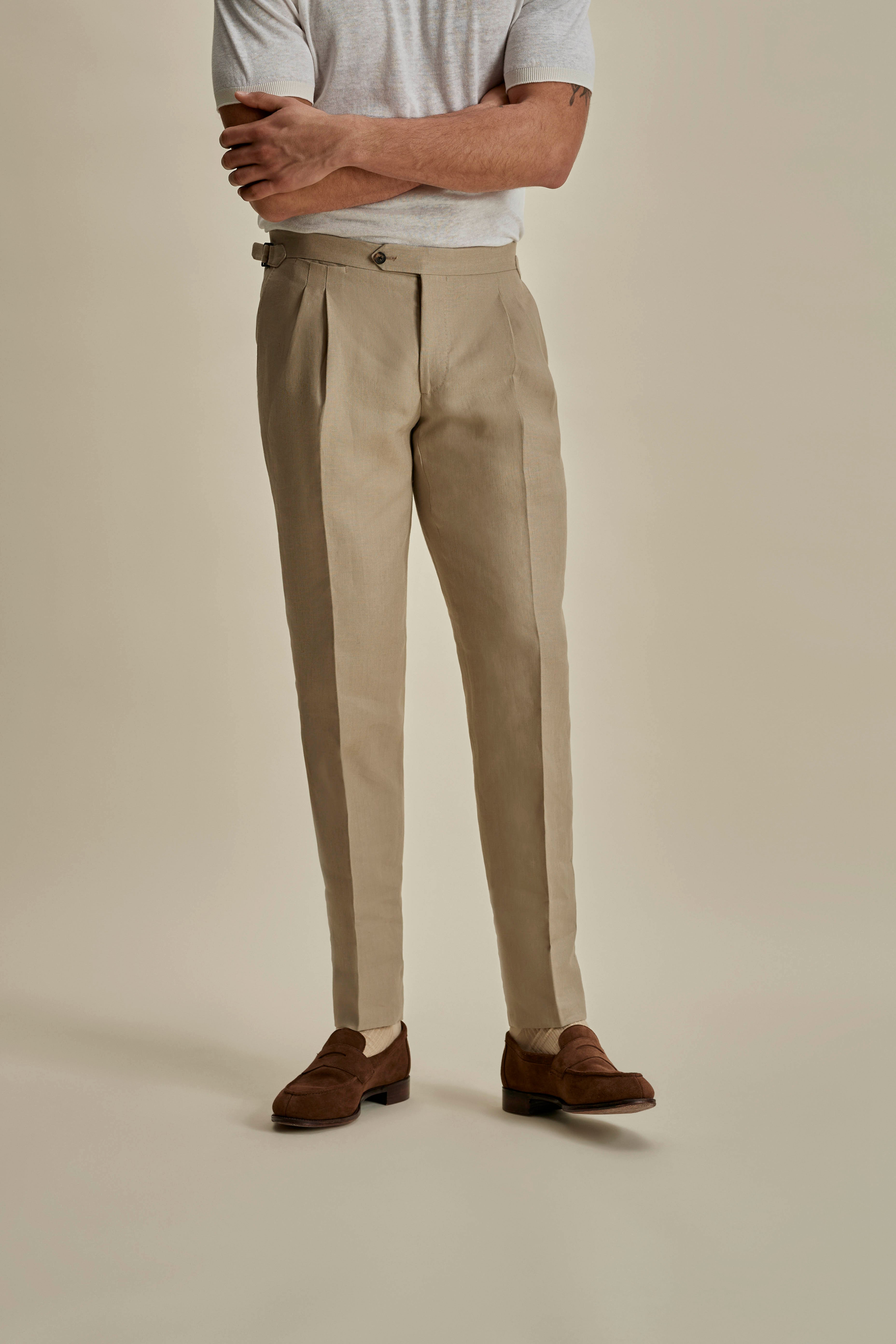 Linen Double Pleat Tailored Trousers Beige Mid Crop Model Image