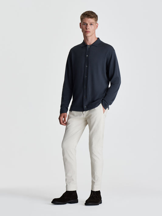 Merino Wool Extrafine Long Sleeve Button Through Polo Shirt Steel Full length Model Image