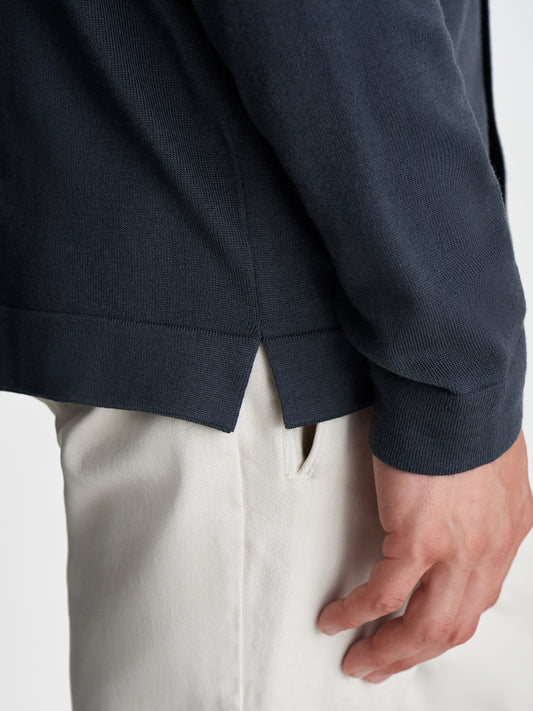 Merino Wool Extrafine Long Sleeve Button Through Polo Shirt Steel Detail Model Image