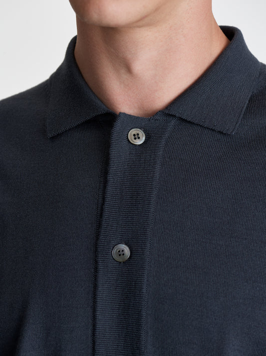 Merino Wool Extrafine Long Sleeve Button Through Polo Shirt Steel Detail Model Image
