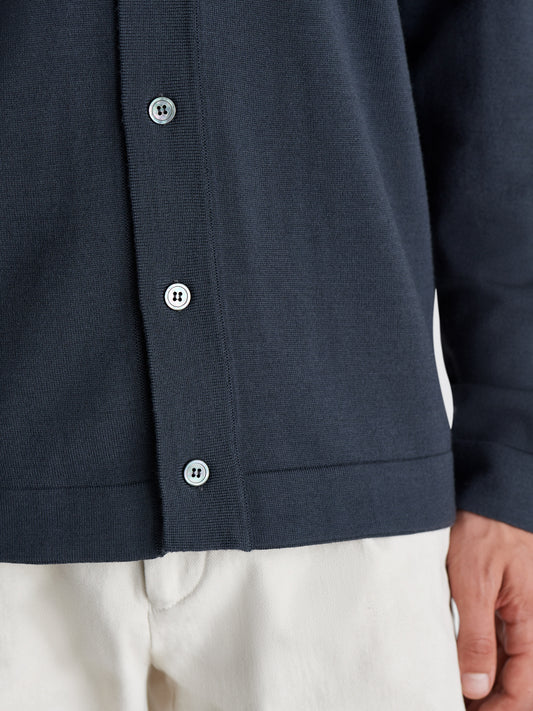 Merino Wool Extrafine Long Sleeve Button Through Polo Shirt Steel Detail Model Image