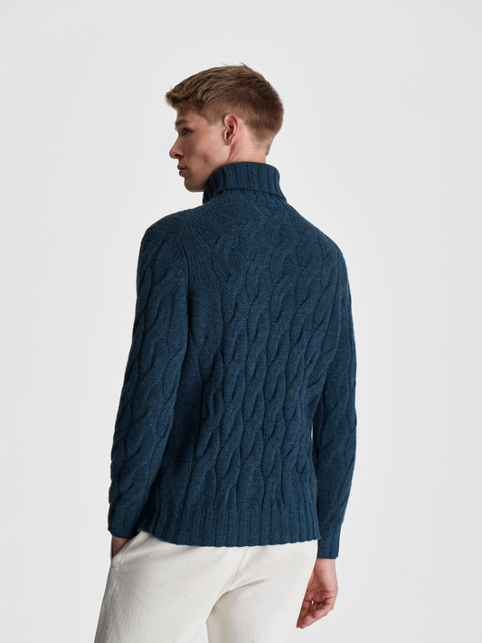 Chunky Cashmere Cable Knit Sweater Moss Blue Cropped Model Image