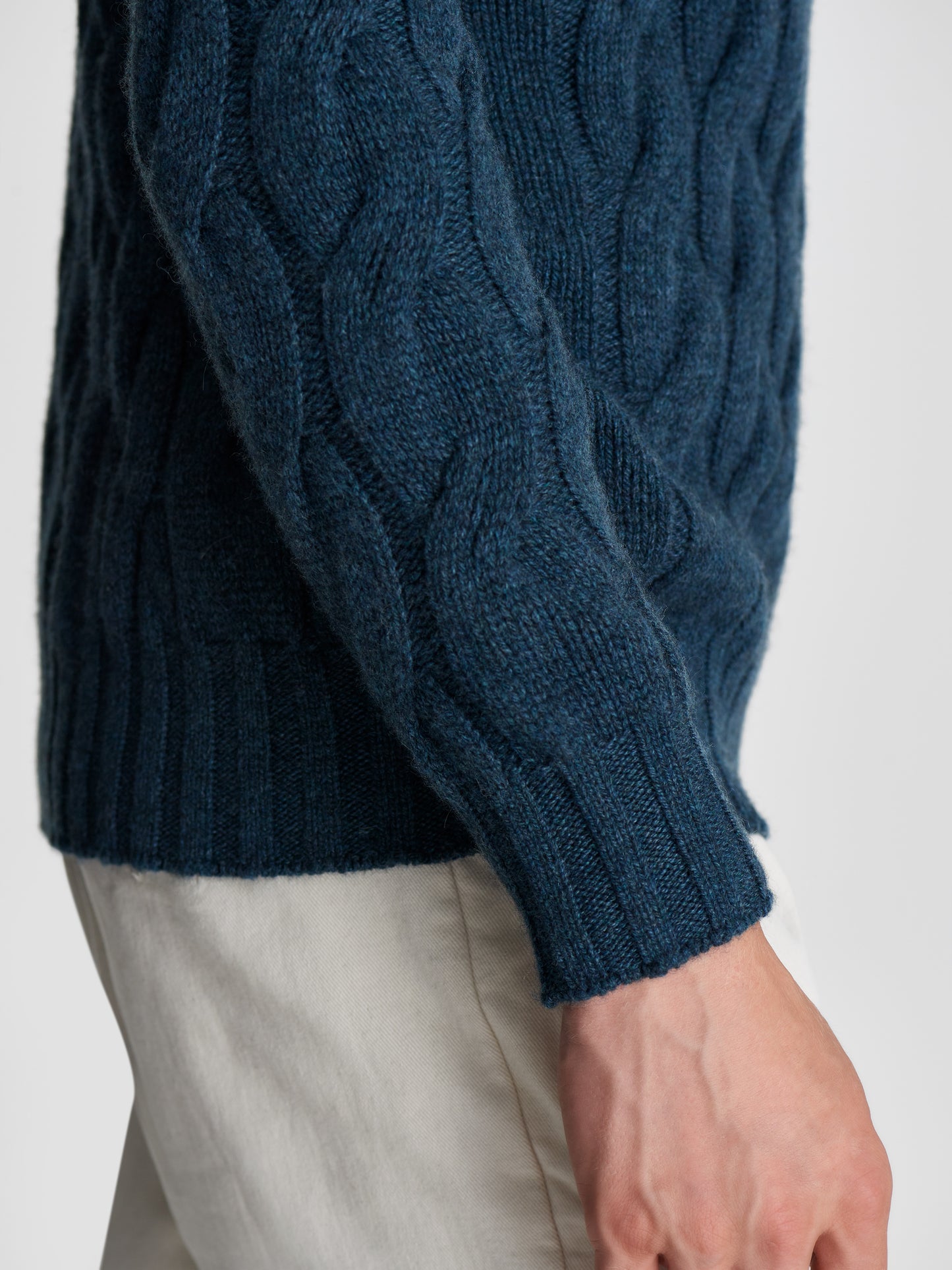 Chunky Cashmere Cable Knit Sweater Moss Blue Detail Model Image