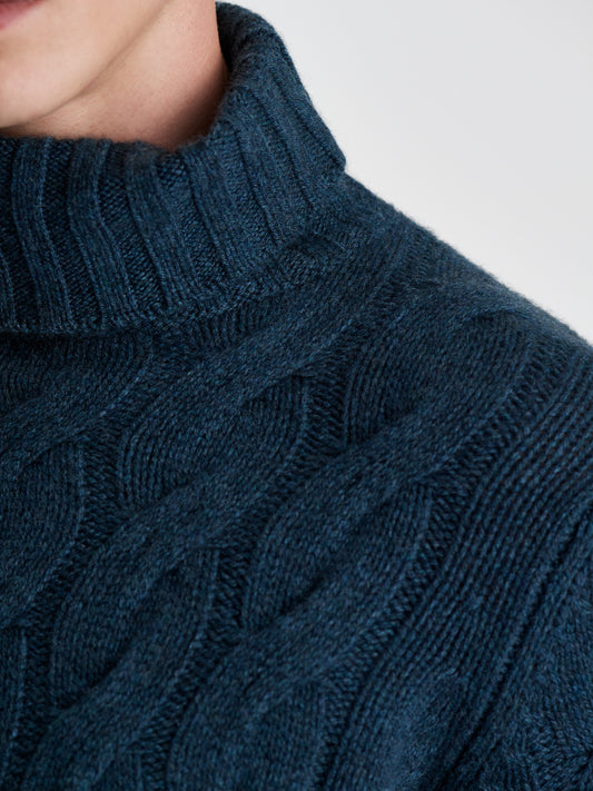 Chunky Cashmere Cable Knit Sweater Moss Blue Detail Model Image