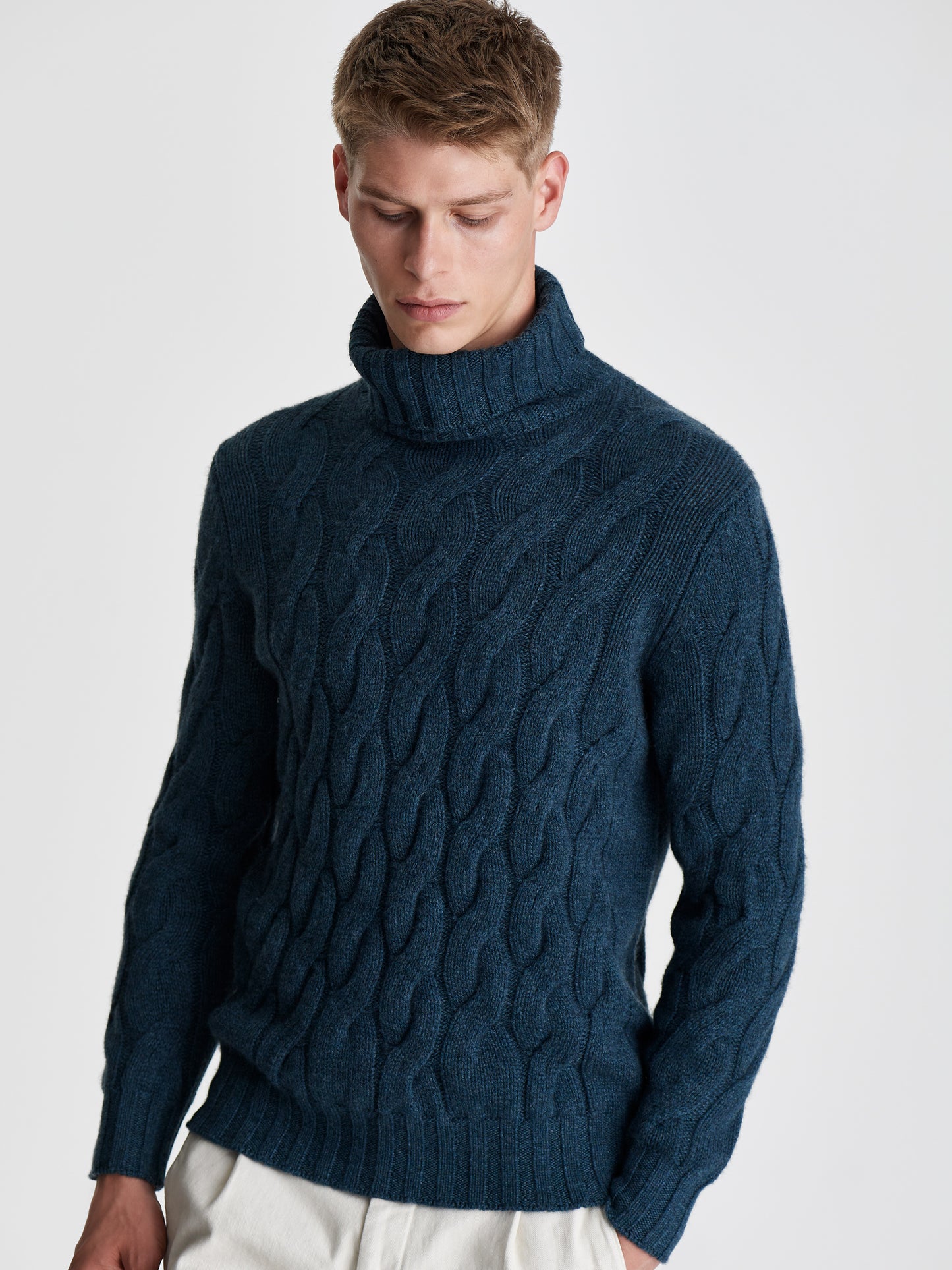 Chunky Cashmere Cable Knit Sweater Moss Blue Cropped Model Image