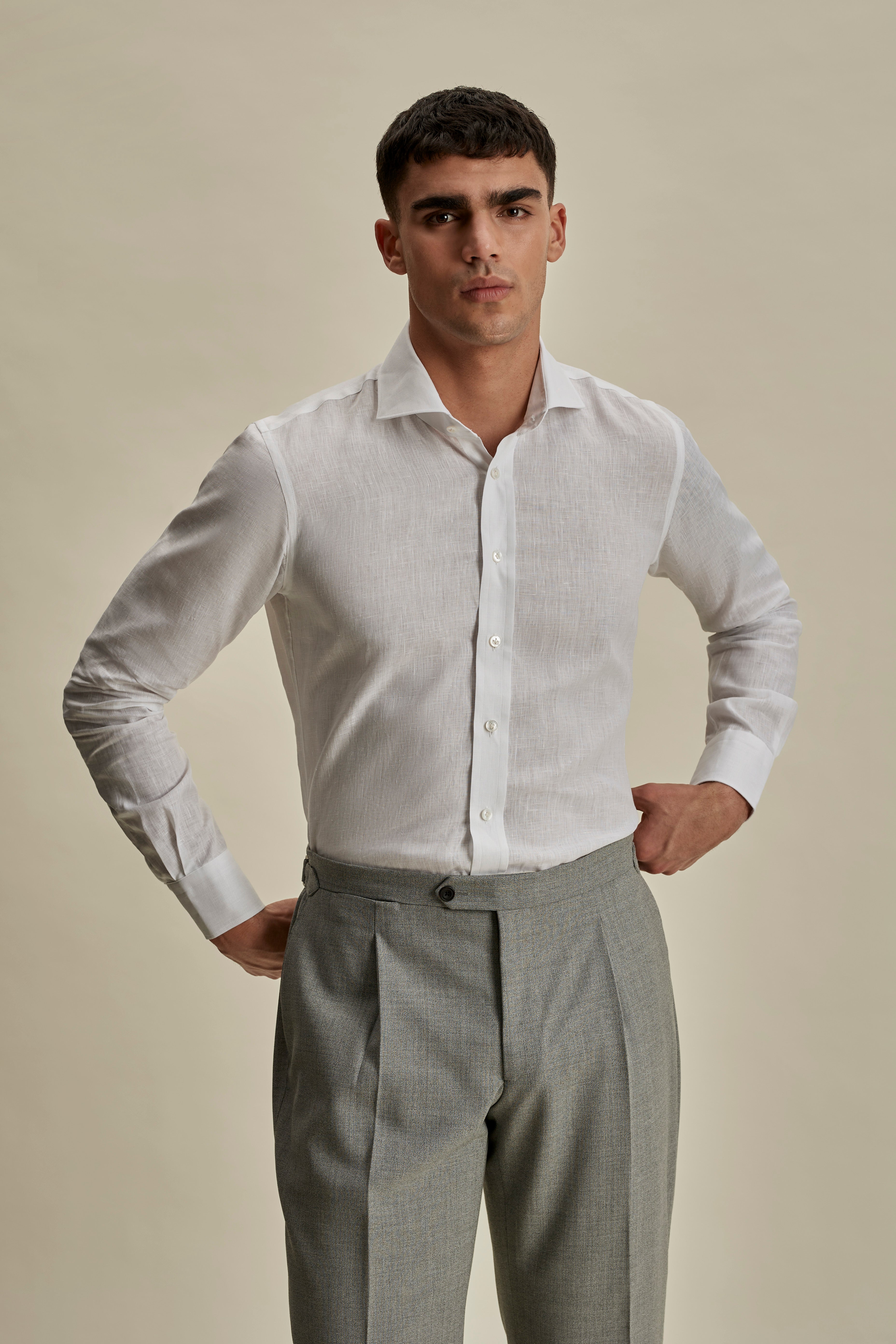 Linen Cutaway Collar Shirt White Mid Crop Model Image